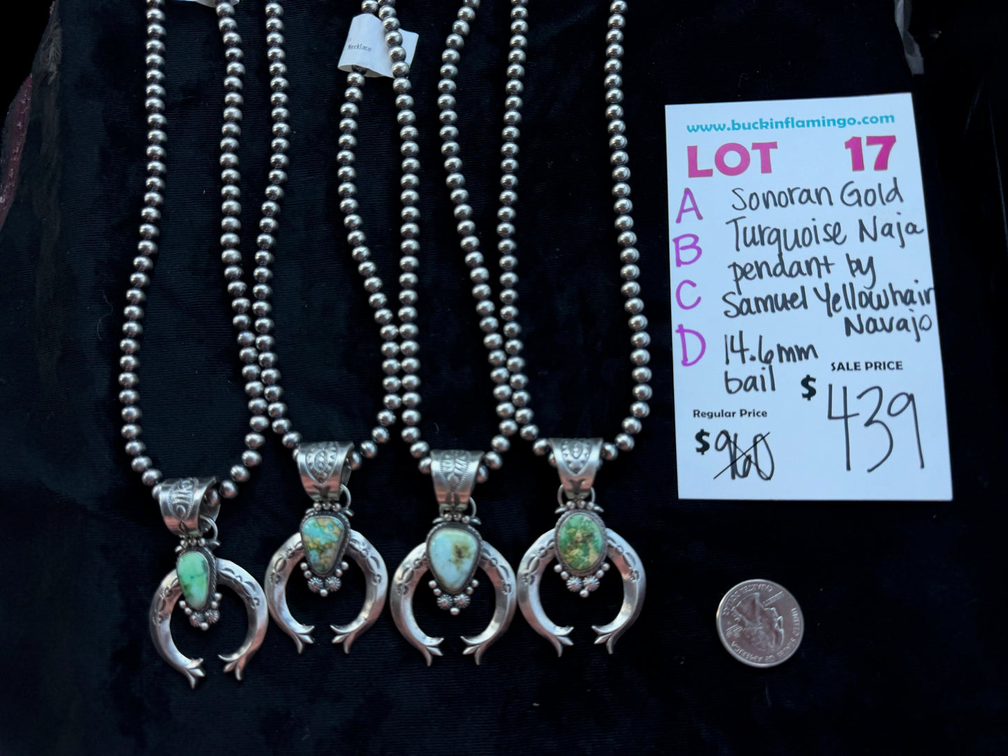 LOT 17 D 8/2 Sonoran Gold Turquoise Naja Pendant by Samuel Yellowhair, Navajo 14.6mm Bail
