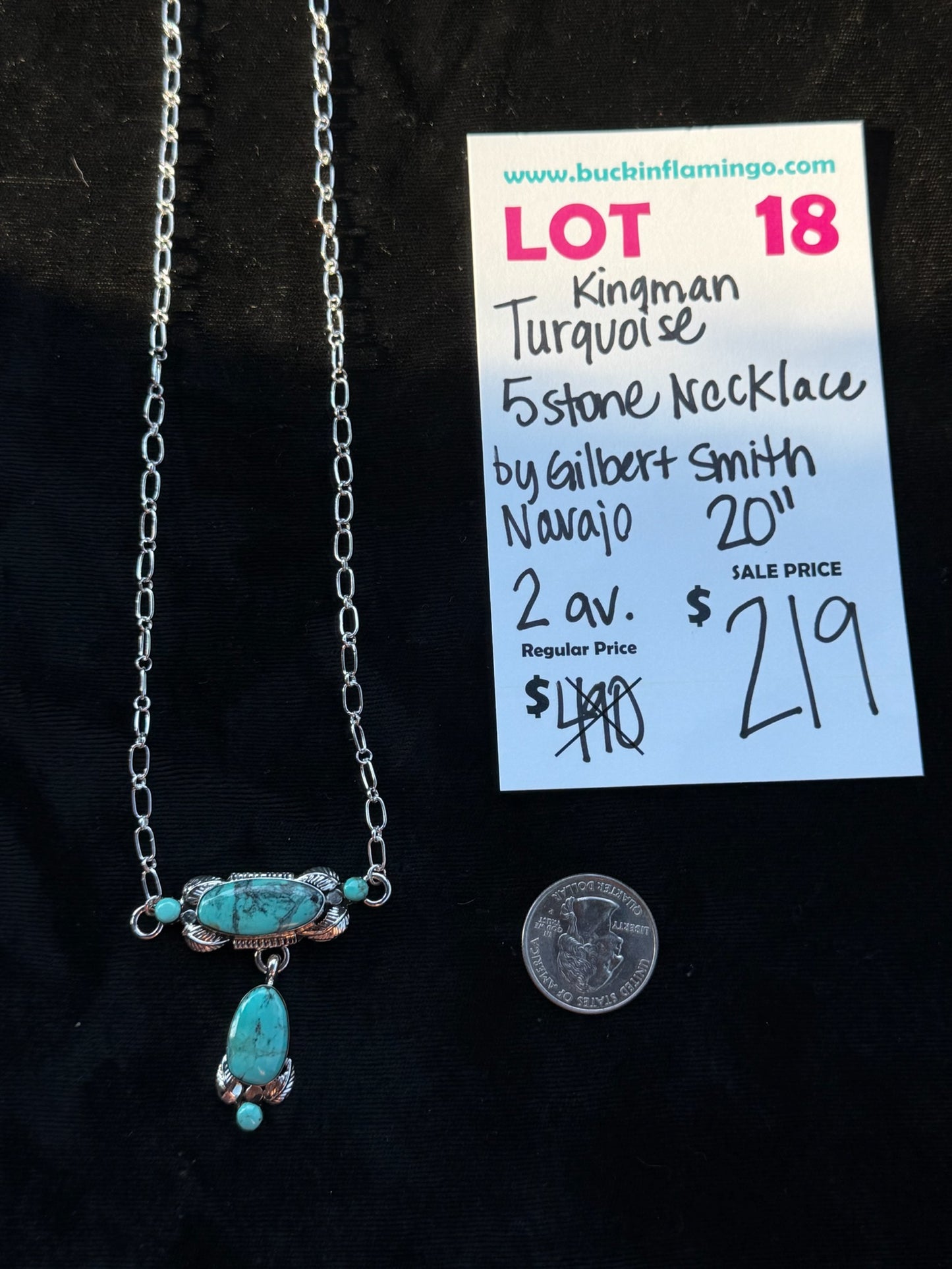 LOT 18 8/2 20” Kingman Turquoise 5 Stone Necklace by Gilbert Smith, Navajo