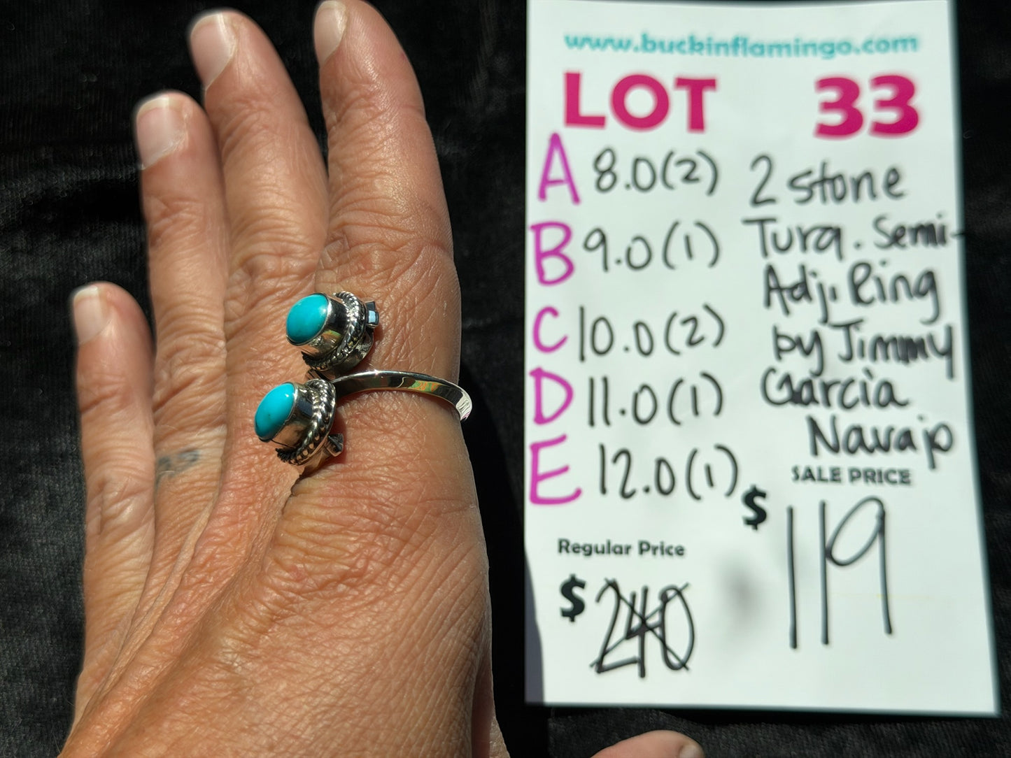 LOT 33 E 8/2 12.0 2 Stone Turuqoise Semi Adjustable Ring by Jimmy Garcia, Navajo