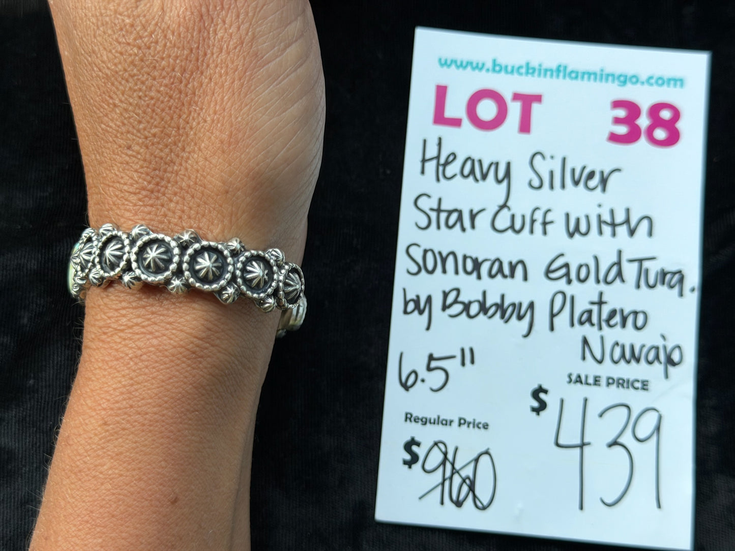 LOT 38 8/2 Heavy Silver Star Cuff with Sonoran Gold Turquoise by Bobby Platero, Navajo 6.5”