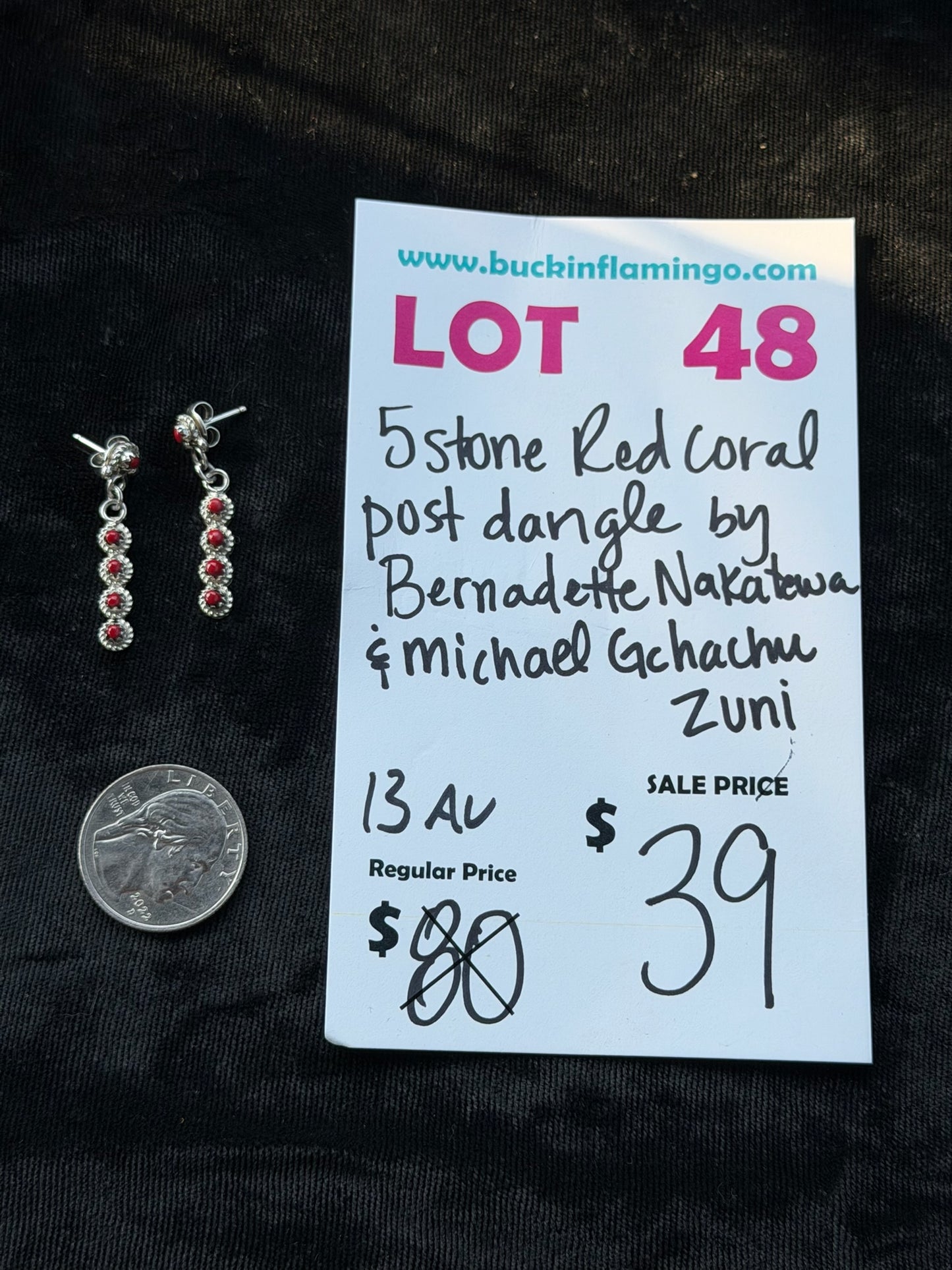 LOT 48 8/2 5 Stone Red Coral Post Dangle by Bernadette Nakatewa & Michael Gchachu, Zuni