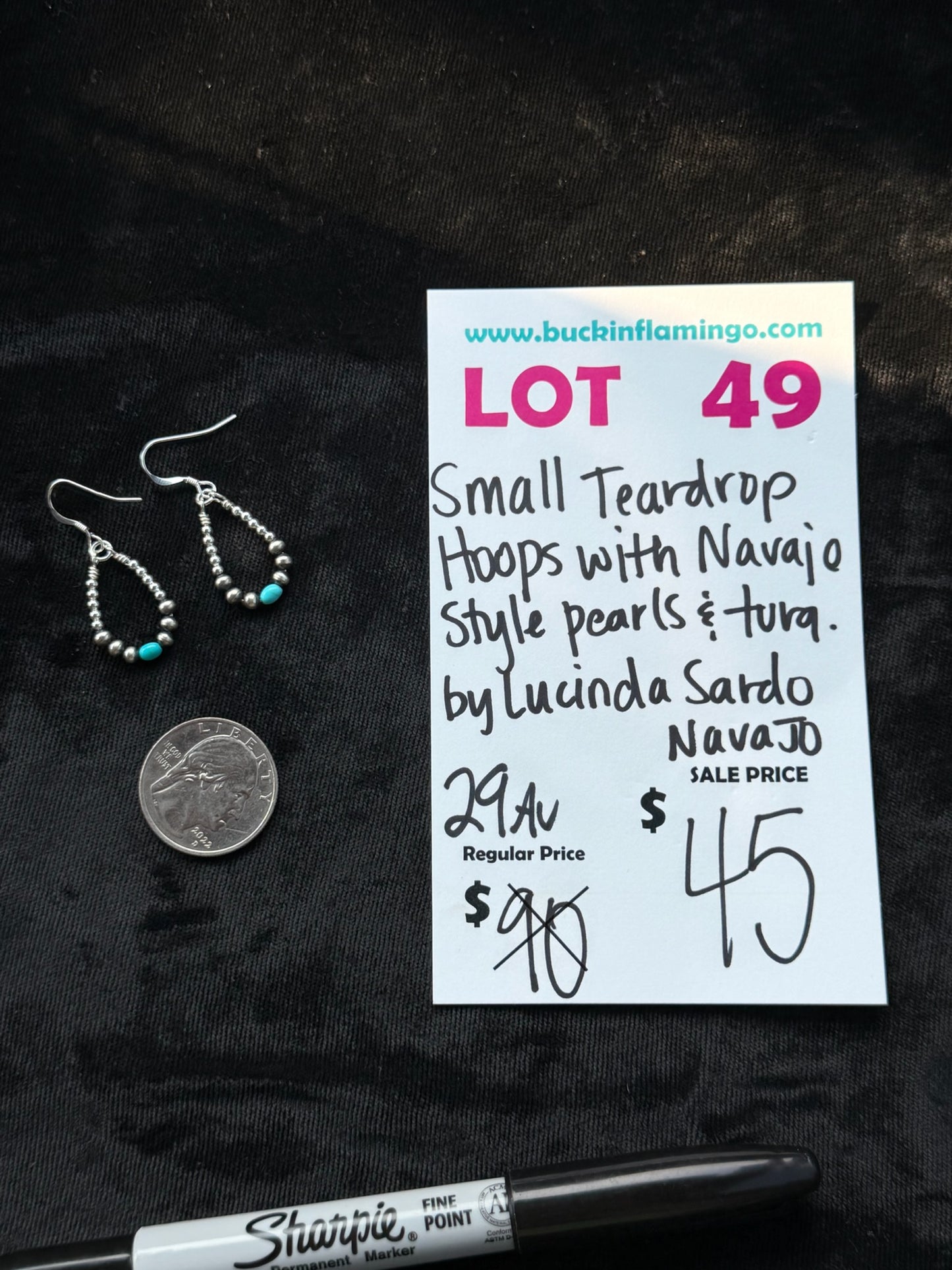LOT 49 8/2 Small Teardrop Hoops with Navajo Style Pearls & Turquoise by Lucinda Sardo, Navajo