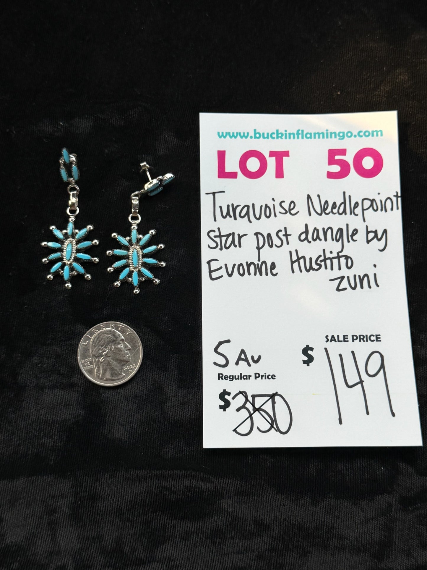 LOT 50 8/2 Turquoise Needlepoint Star post dangle by Evonne Hustito, Zuni