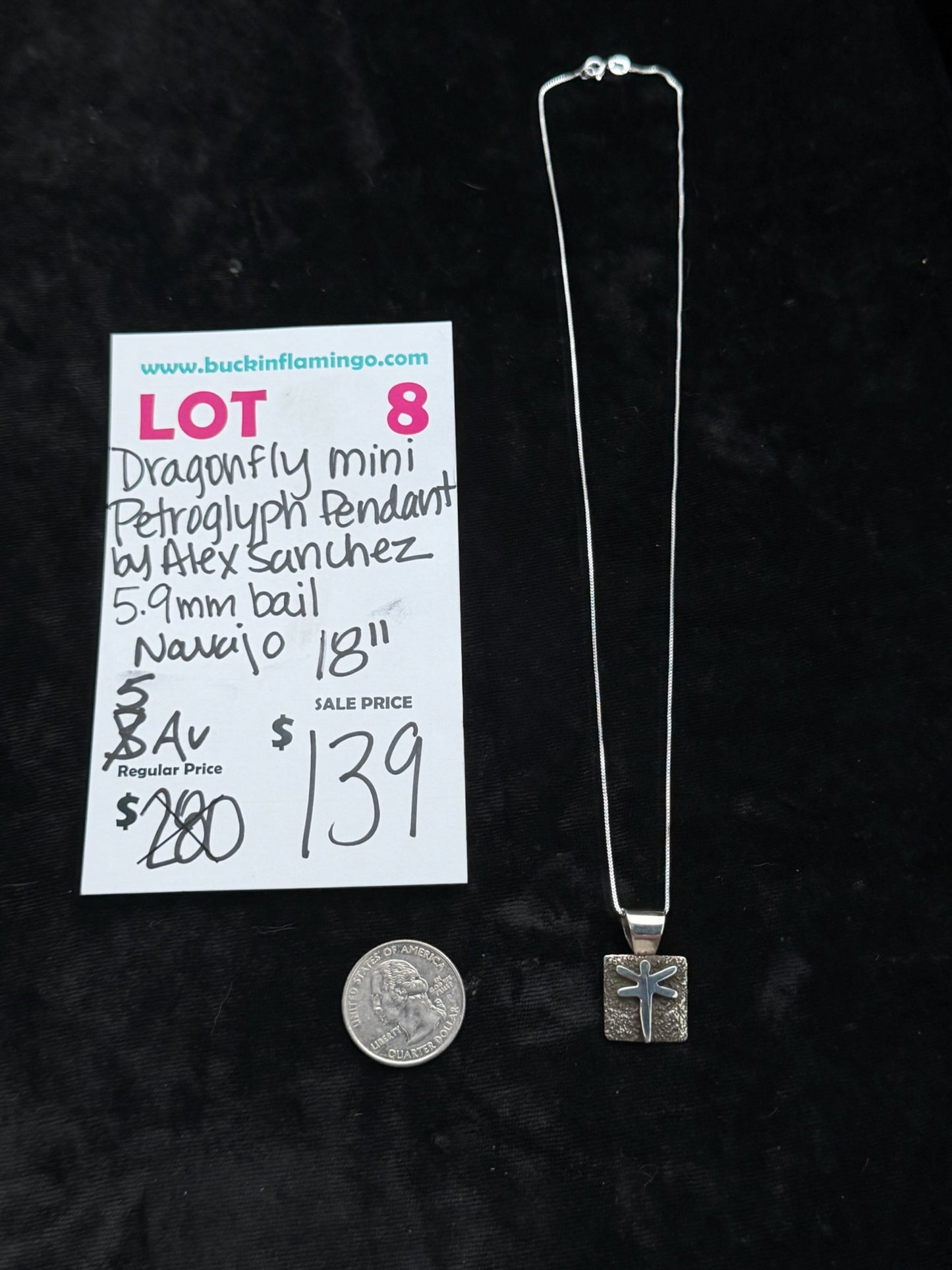 LOT 8 8/16 Dragonfly Mini Petroglyph Pendant by Alex Sanchez, Navajo 5.9mm Bai 18”