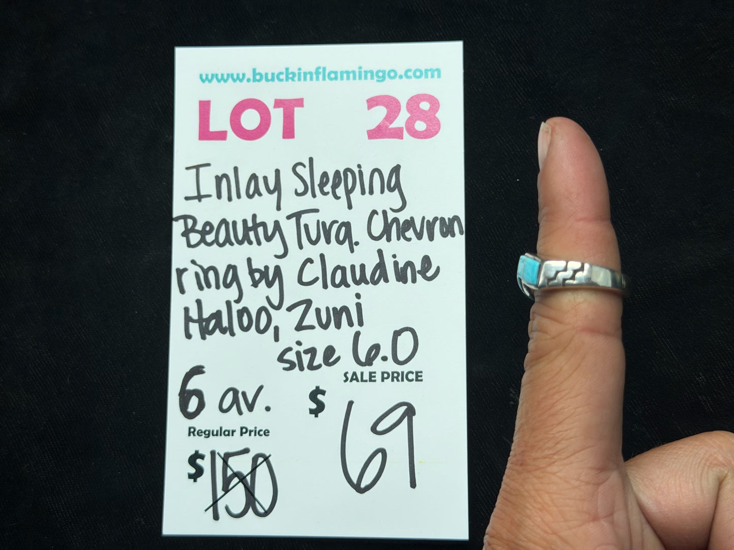 LOT 28 8/16 Inlay Sleeping Beauty Turquoise Chevron Ring by Claudine Haloo, Zuni