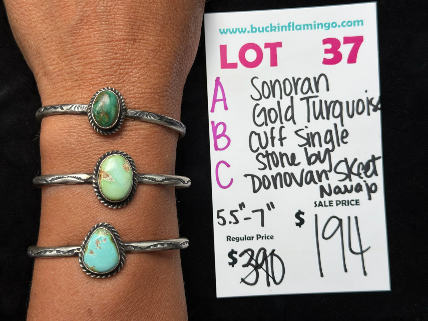 LOT 37 B 8/16 Sonoran Gold Turquoise Single Stone Cuff by Donovan Skeet, Navajo 5.5”-7”