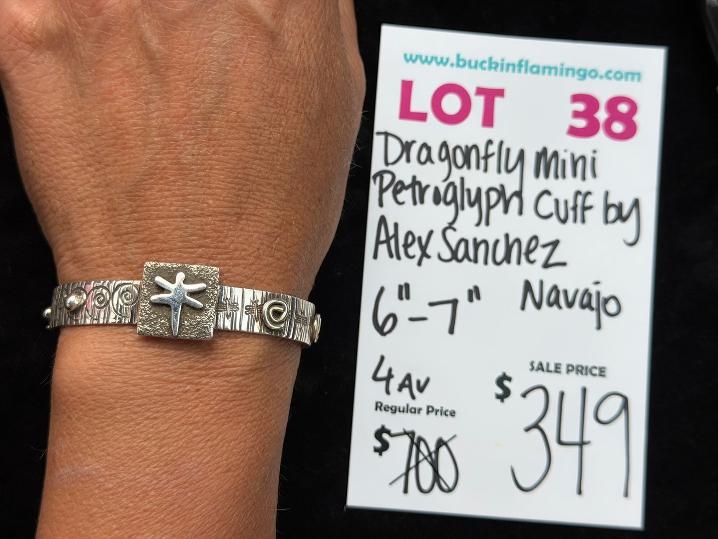 LOT 38 8/16 Dragonfly Mini Pertrolglyph Cuff by Alex Sanchez, Navajo 6”-7”