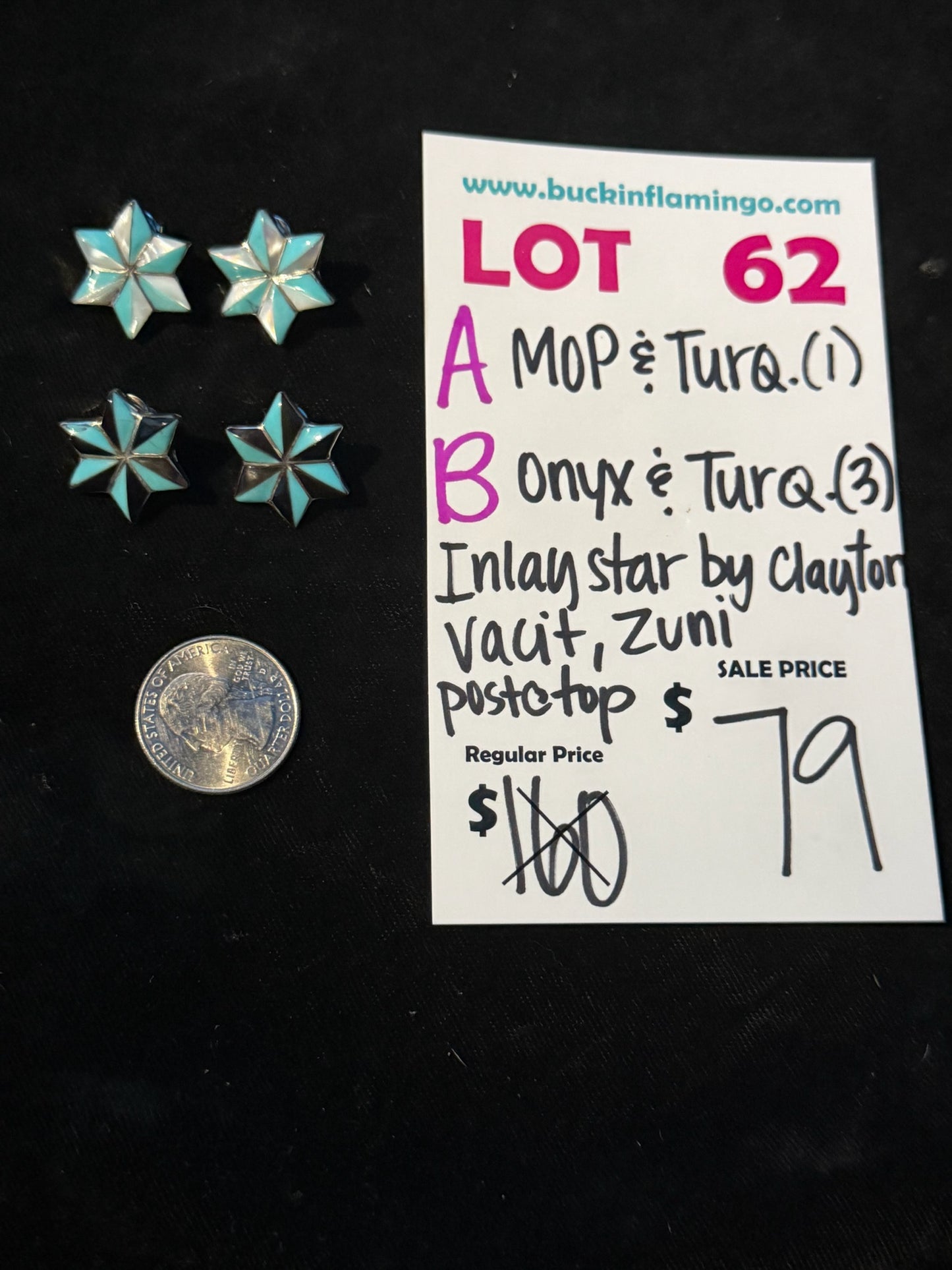 LOT 62 B 8/16 Onyx & Turquoise Inlay Star by Clayton Vacit, Zuni