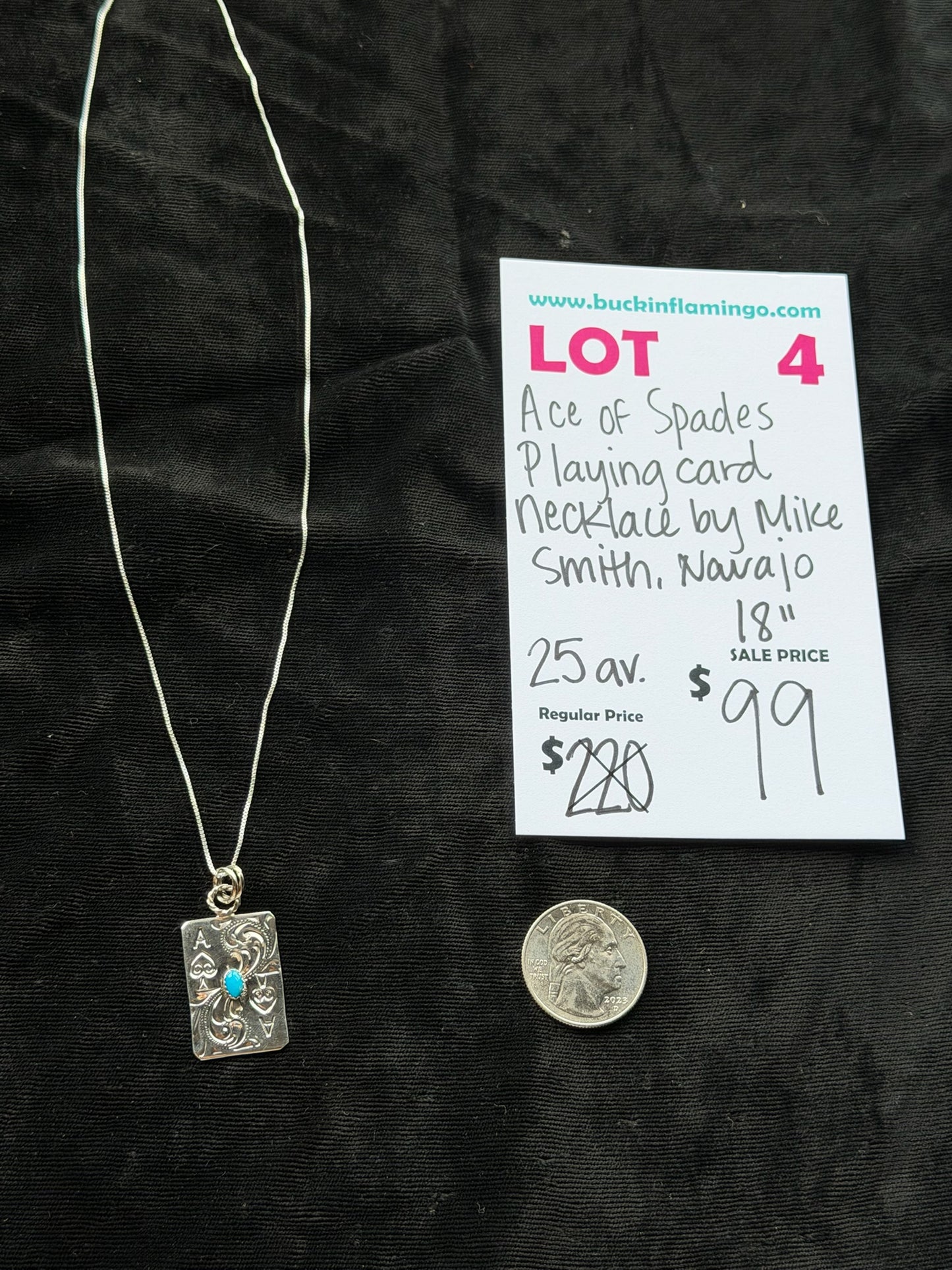 LOT 4 8/23 Ace of Spades Playiin Card Necklacce by Mike Smith, Navajo 18”