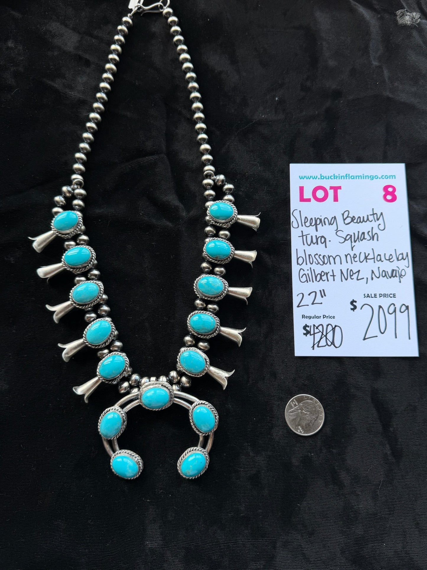 LOT 8 8/23 Sleeping Beauty Turquoise Squash Blossom Necklace by Gilbert Nez, Navajo 22”