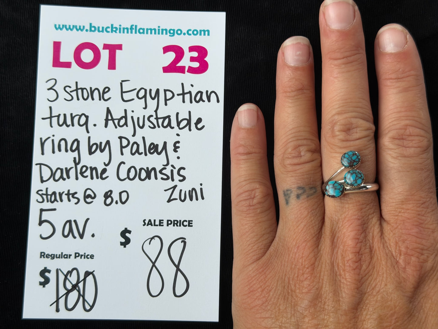 Lot 23 8/23 3 Stone Egyptian Turquoise Adjustale Ring by Paley & Darlene Coonsis, Zuni