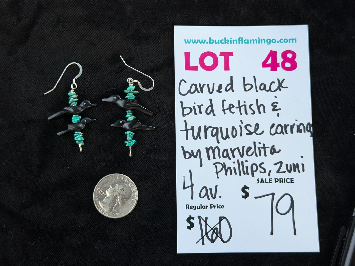 LOT 48 8/23 Carved Black Bird Fetish & Turquoise Earrings by Marvelita Phillips, Zuni