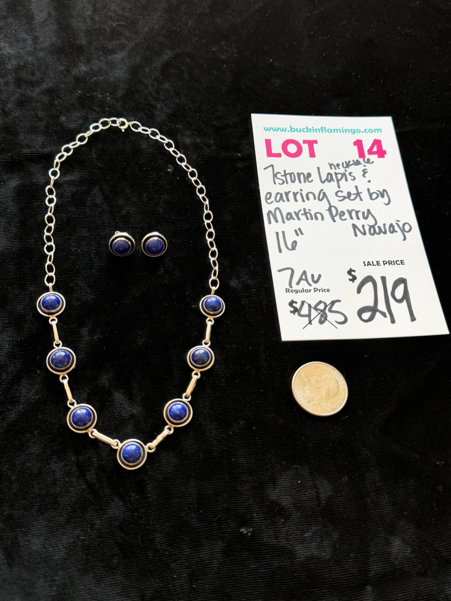LOT 14 8/30 7 Stone Lapis Necklace & Earring Set by Martin Perry, Navajo 16”