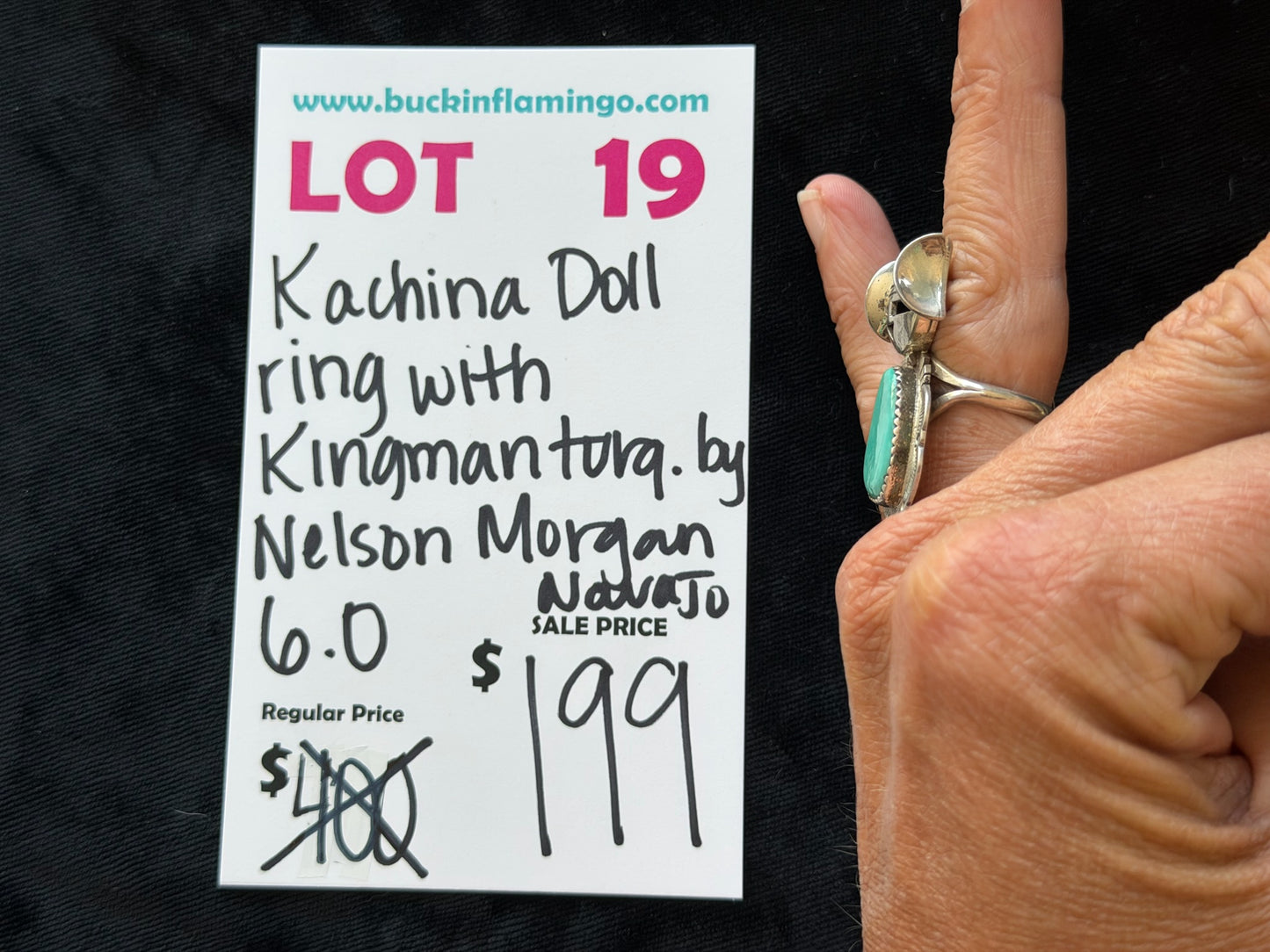 LOT 19 8/30 Kachina doll Ring with Kingman Turquoise by Nelson Morgan, Navajo 6.0