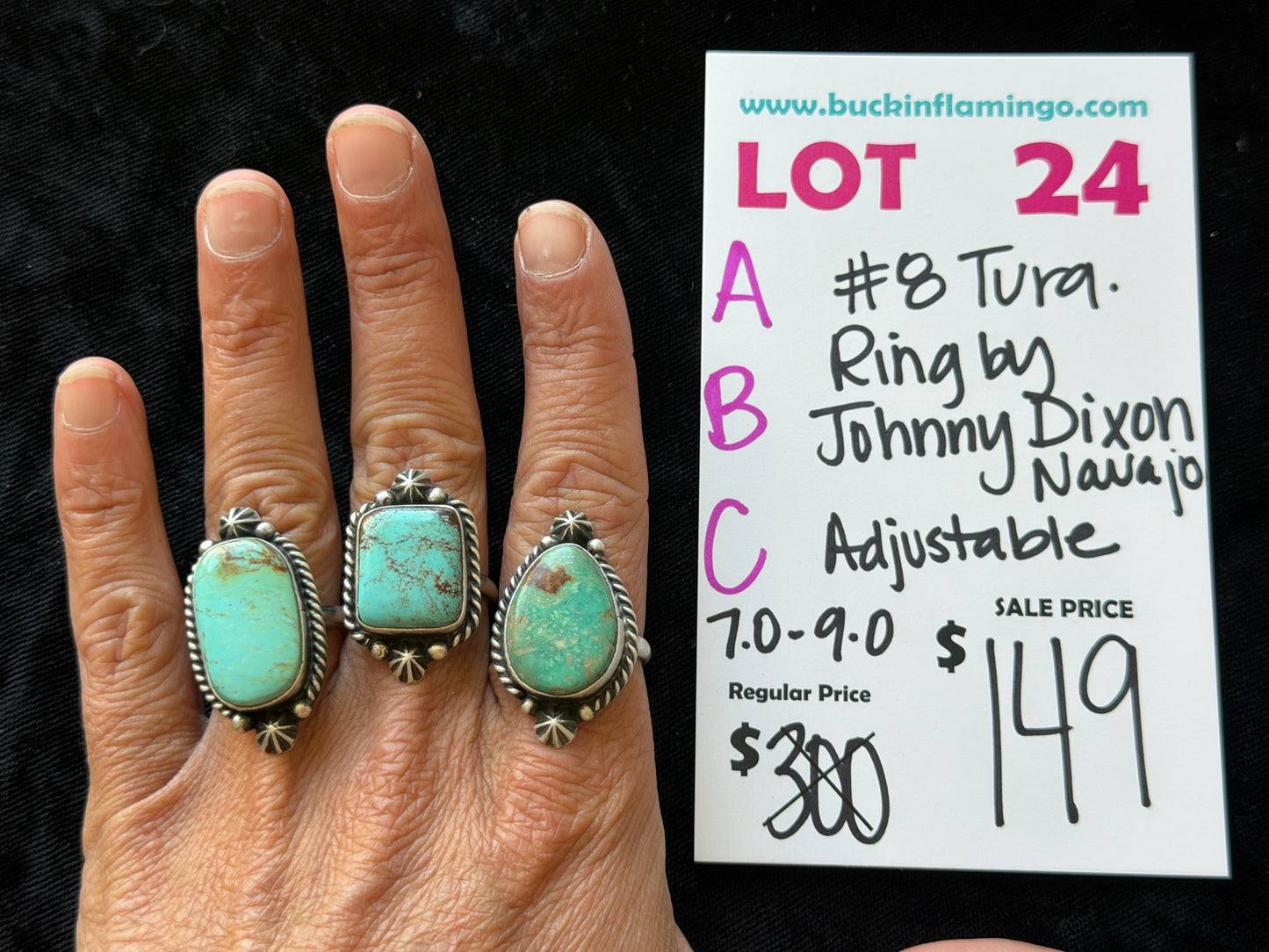 LOT 24 B 8/30 #8 Turquoise Ring by Johnny Dixon, Navajo Adjustable 7.0-9.0