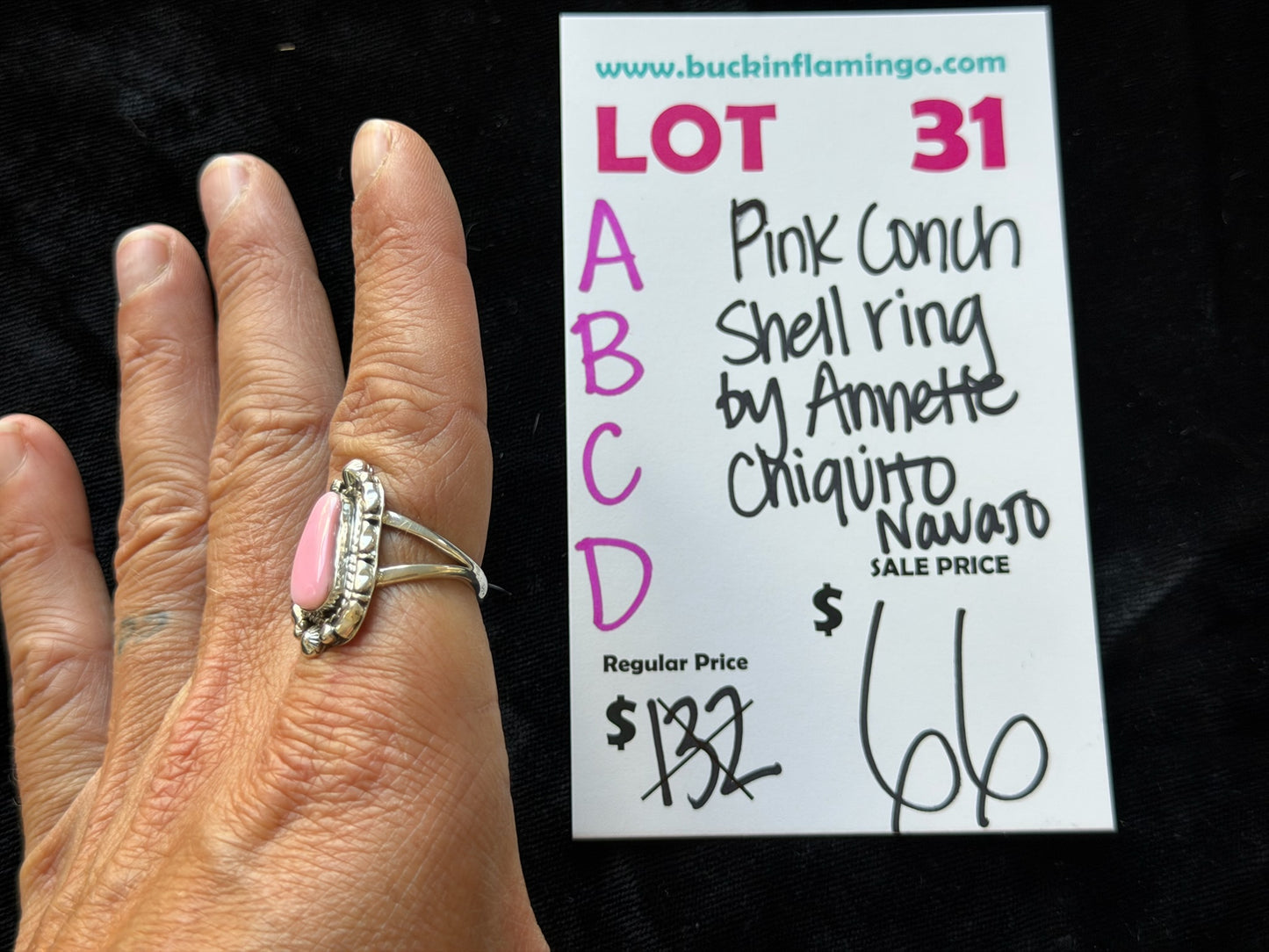 LOT 31 A 8/30 Pink Conch Shell Ring by Annette Chiquita, Navajo