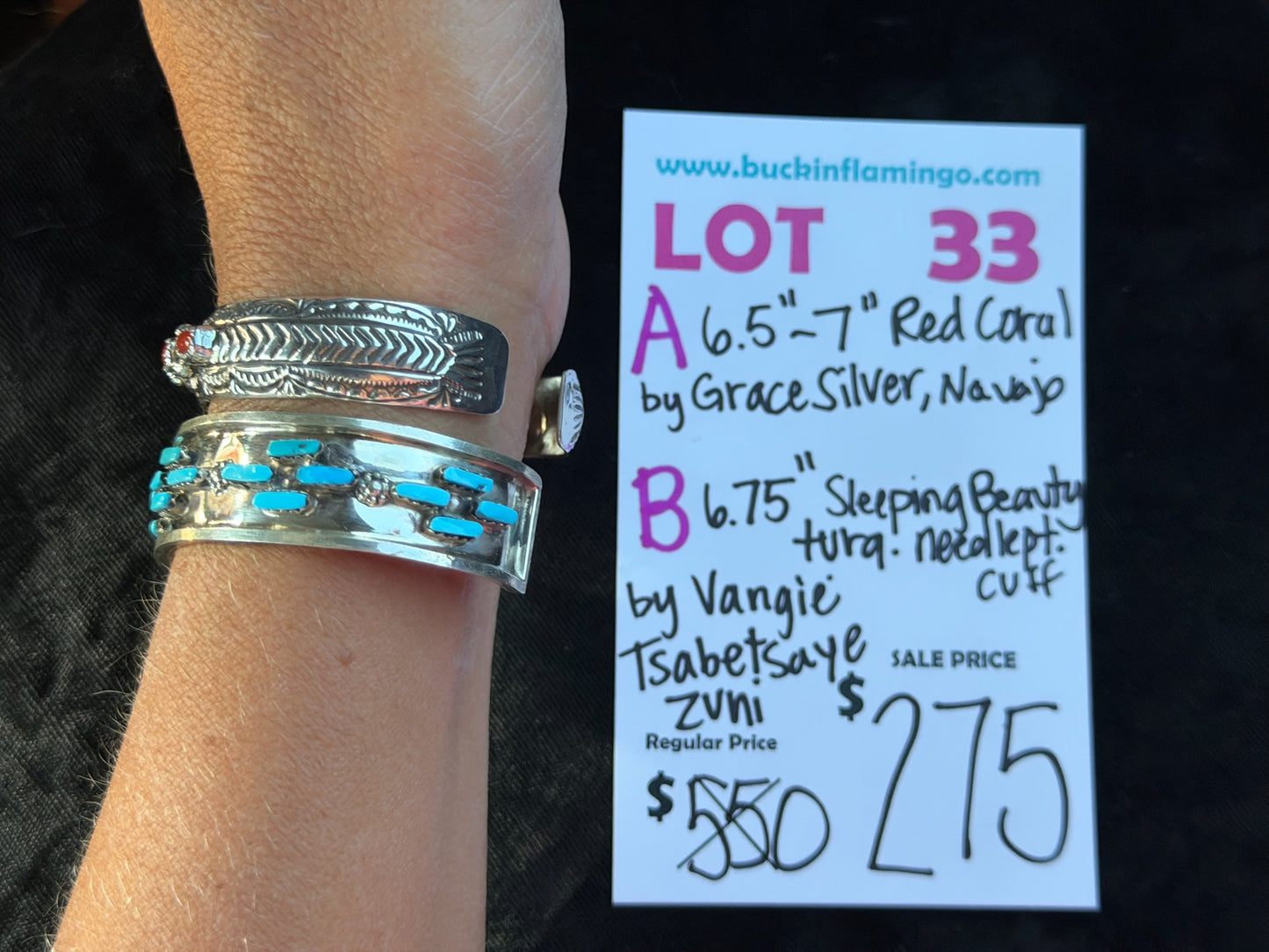 LOT 33 B 8/30 6.75” Sleeping Beauty Turquoise Needlepoint Cuff by Vangie Tsabetsaye, Zuni