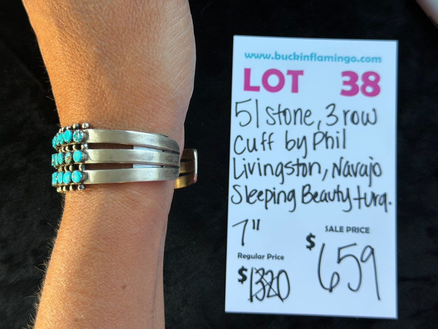 LOT 38 8/30 51 Stone, 3 Row Cuff by Phil Livingston, Navajo Sleeping Beauty Turquoise 7”