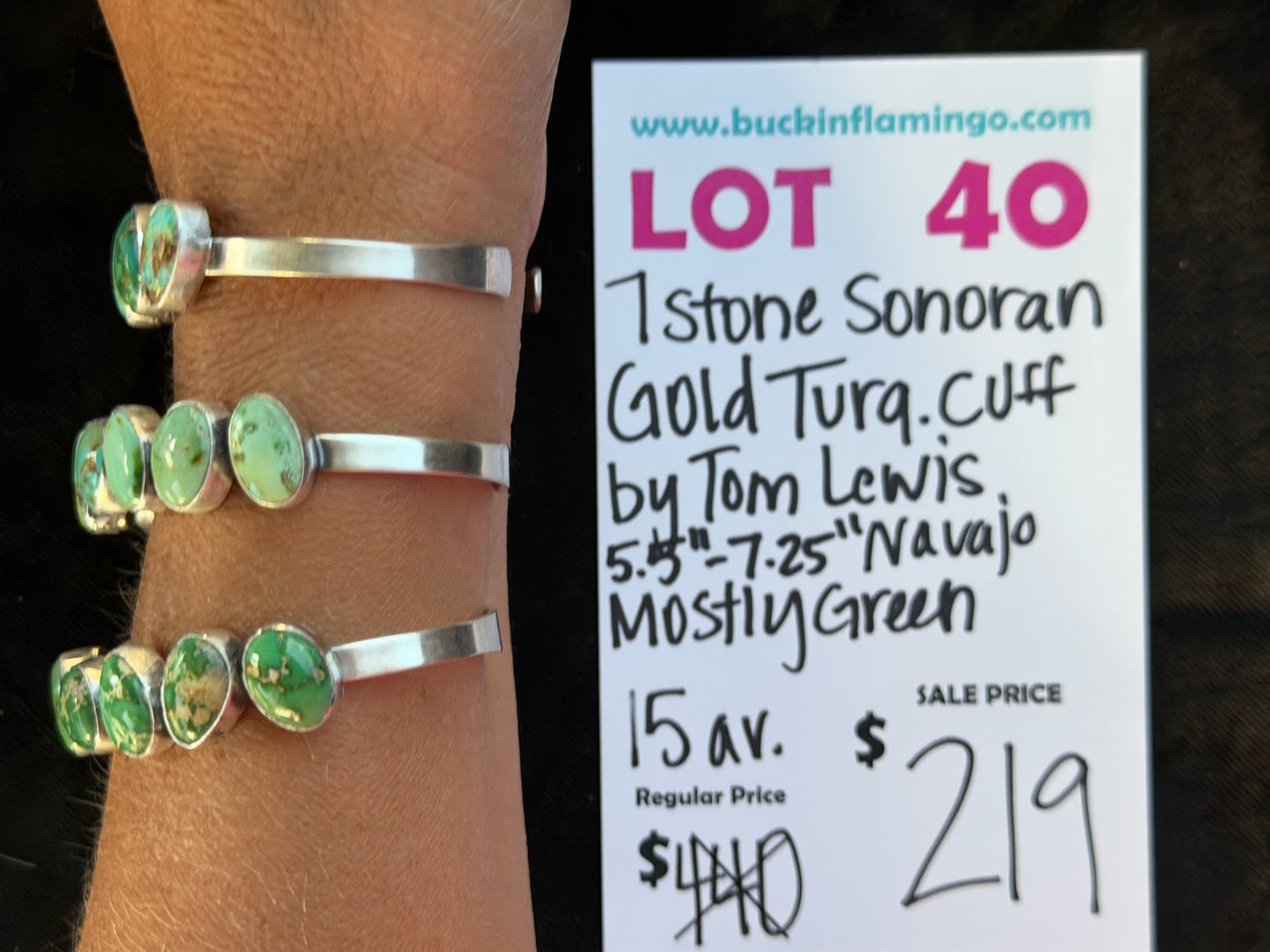 LOT 40 8/30 7 Stone Sonoran Gold Turquoise Cuff by Tom Lewis, Navajo 5.5”-7.25” Mostly Green
