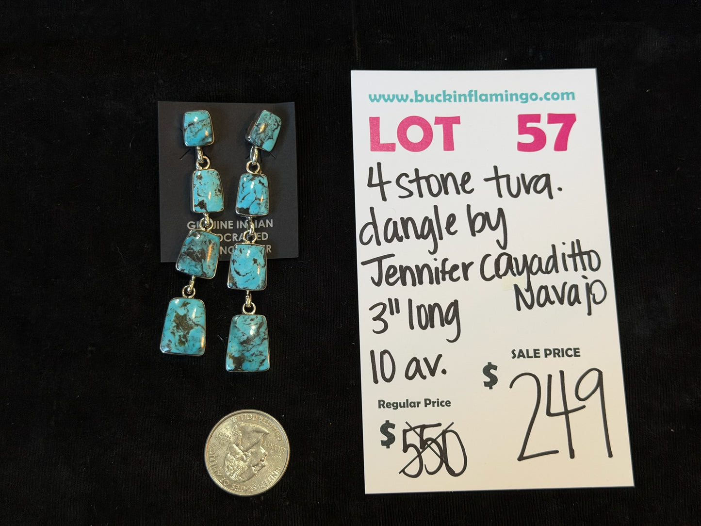 LOT 57 8/30 4 Stone Turquoise Dangle by Jennifer Cayaditto, Navajo 3” Long