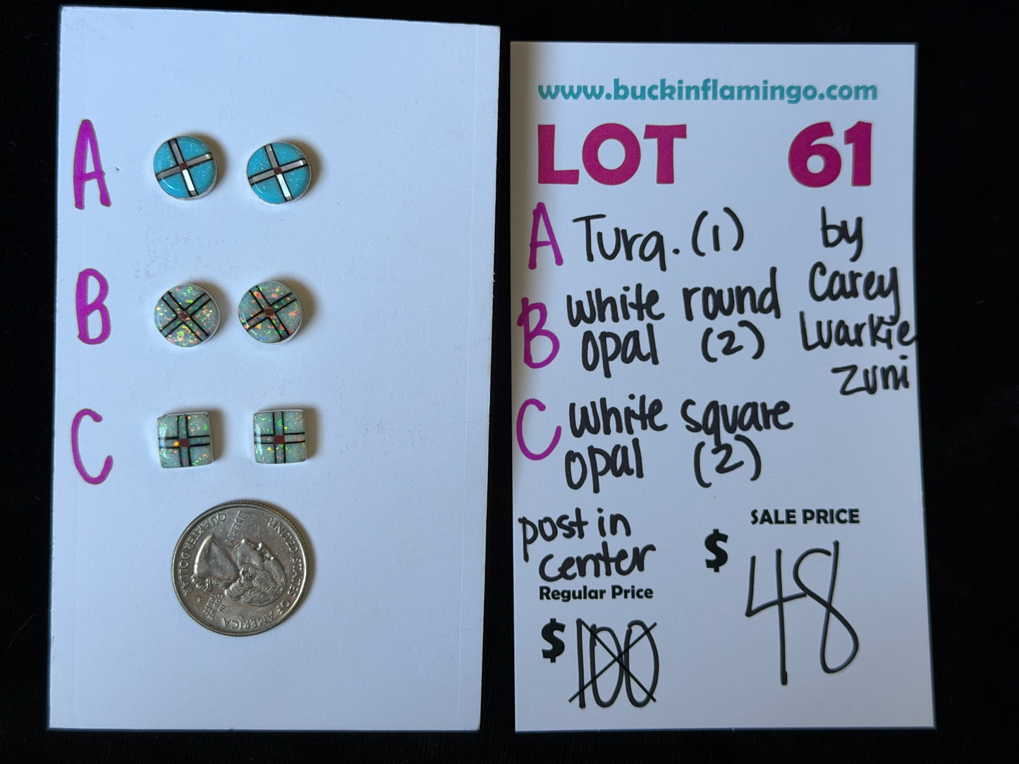 LOT 61 B 8/30 White Round Opal Post in Center by Carey Luarkie, Zuni