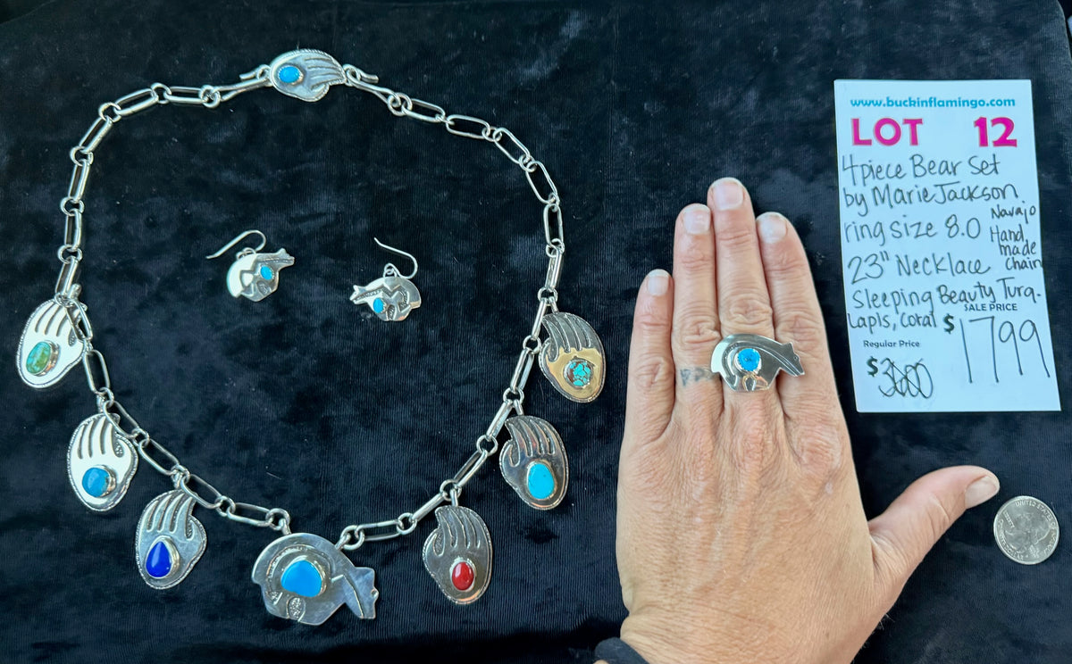 LOT 12 9/6 4 Piece Set by Marie Jackson, Navajo Ring Size 23” 8.0 Handmade Chain Sleeping Beauty Turquoise, Lapis, Coral