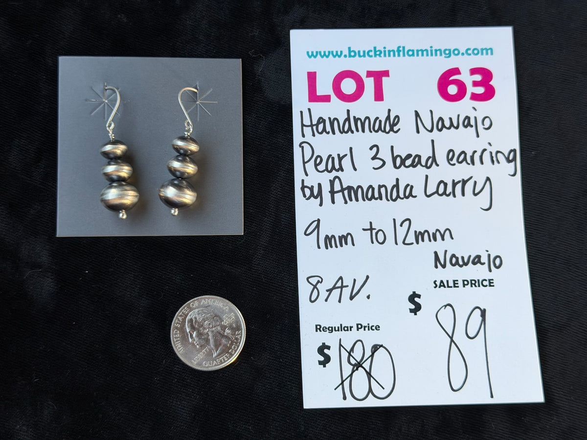 LOT 63 9/6 Handmade Navajo Pearl 3 Bead Earrings 9mm-12mmby Amanda Larry, Navajo