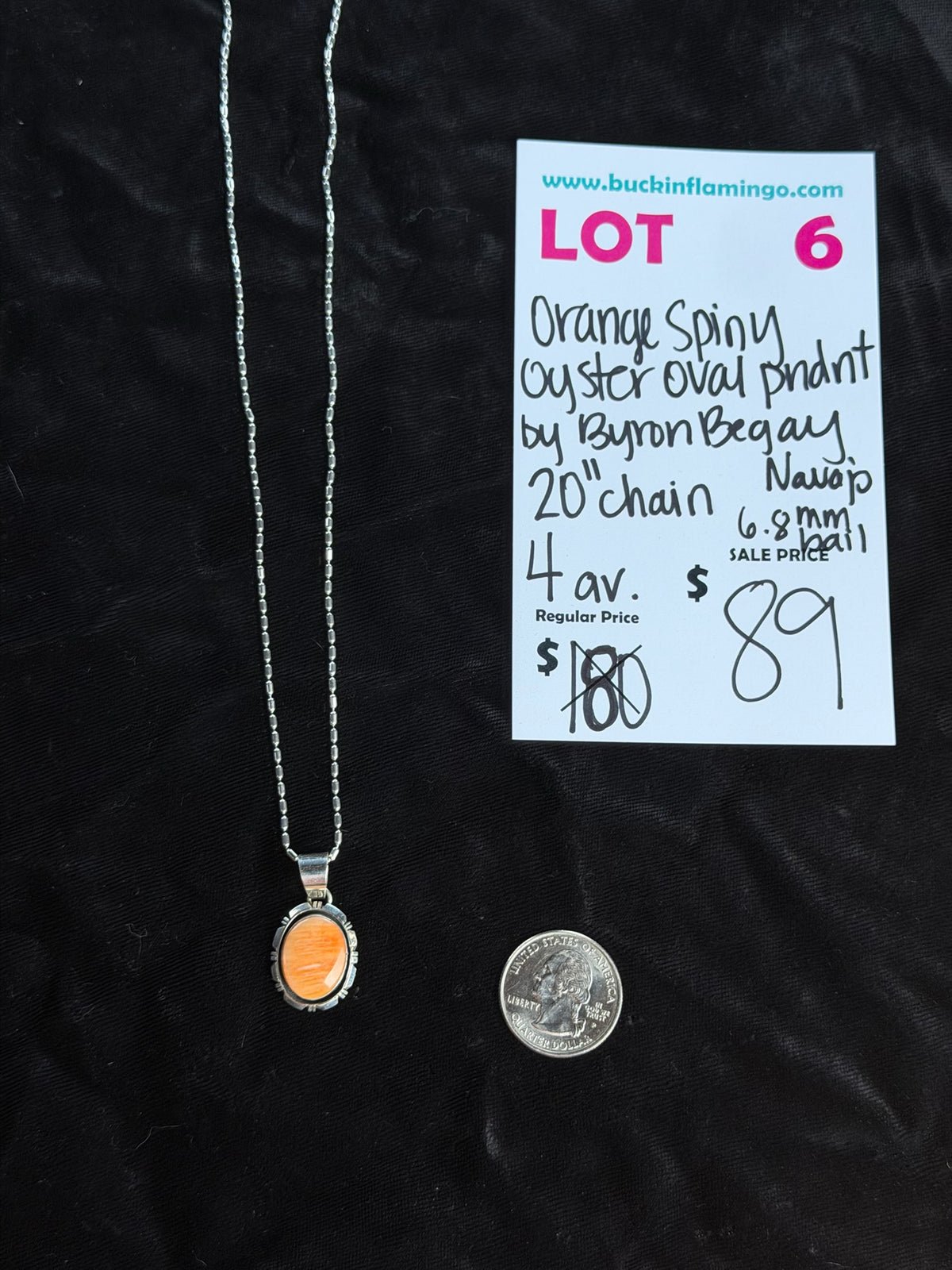 LOT 6 9/13 Orange Spiny Oyster Oval Pendant by Byron Begay, Navajo 20” Chain
