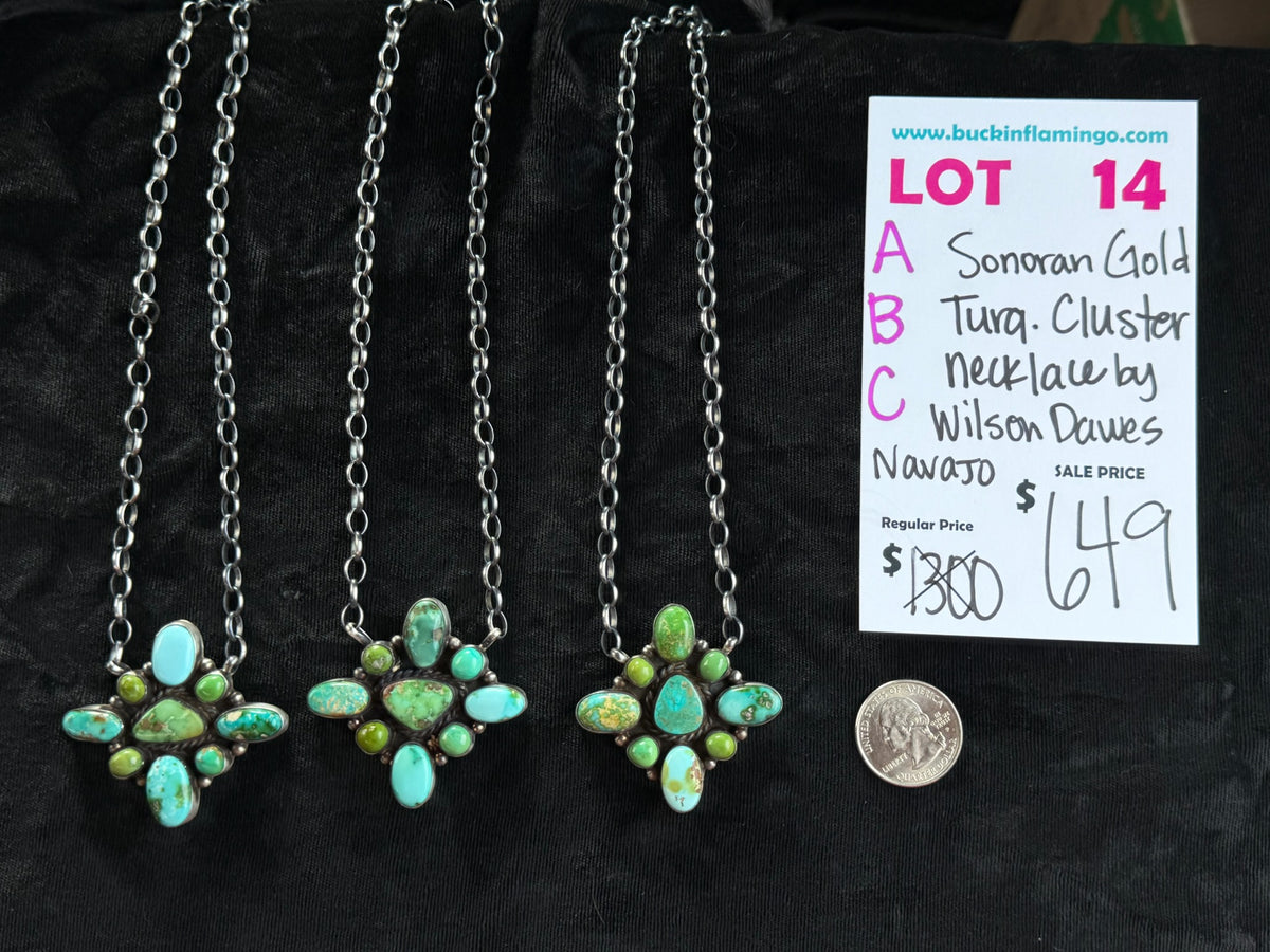 LOT 14 B 9/13 Sonoran Gold Turquoise Cluster Necklace by Wilson Dawes, Navajo