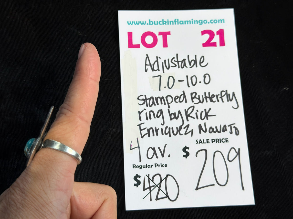 LOT 21 9/13 Adjustable 7.0-10.0 Stamped Butterfly Ring by Rick Enriquez, Navajo