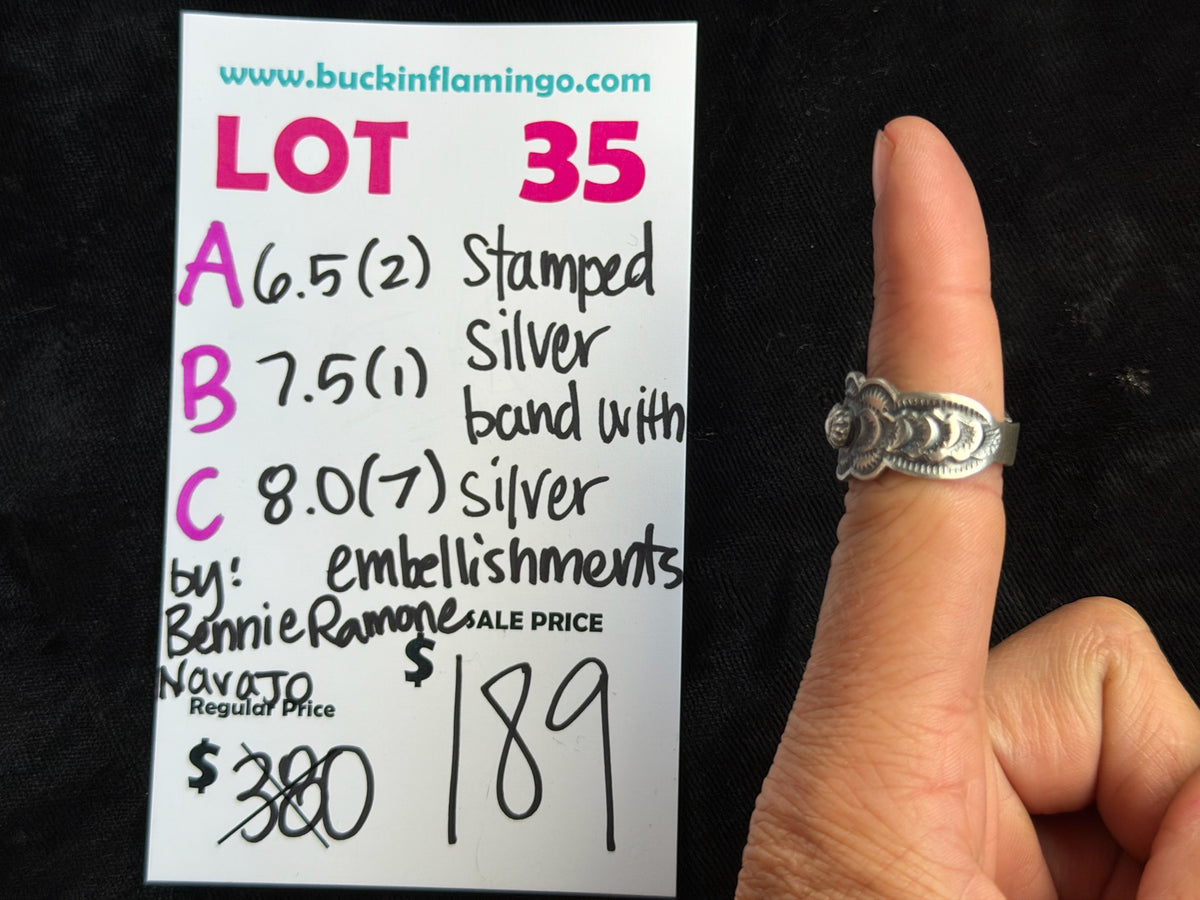LOT 35 C 9/13 8.0 Stamped Silver Band with Silver Embellishments by Bennie Ramone, Navajo (Copy)