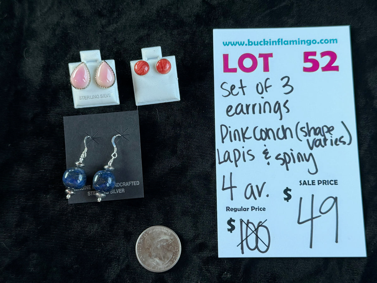 LOT 52 9/13 Set of 3 Earrings Pink Conch (shape Varies) Lapis & Spiny