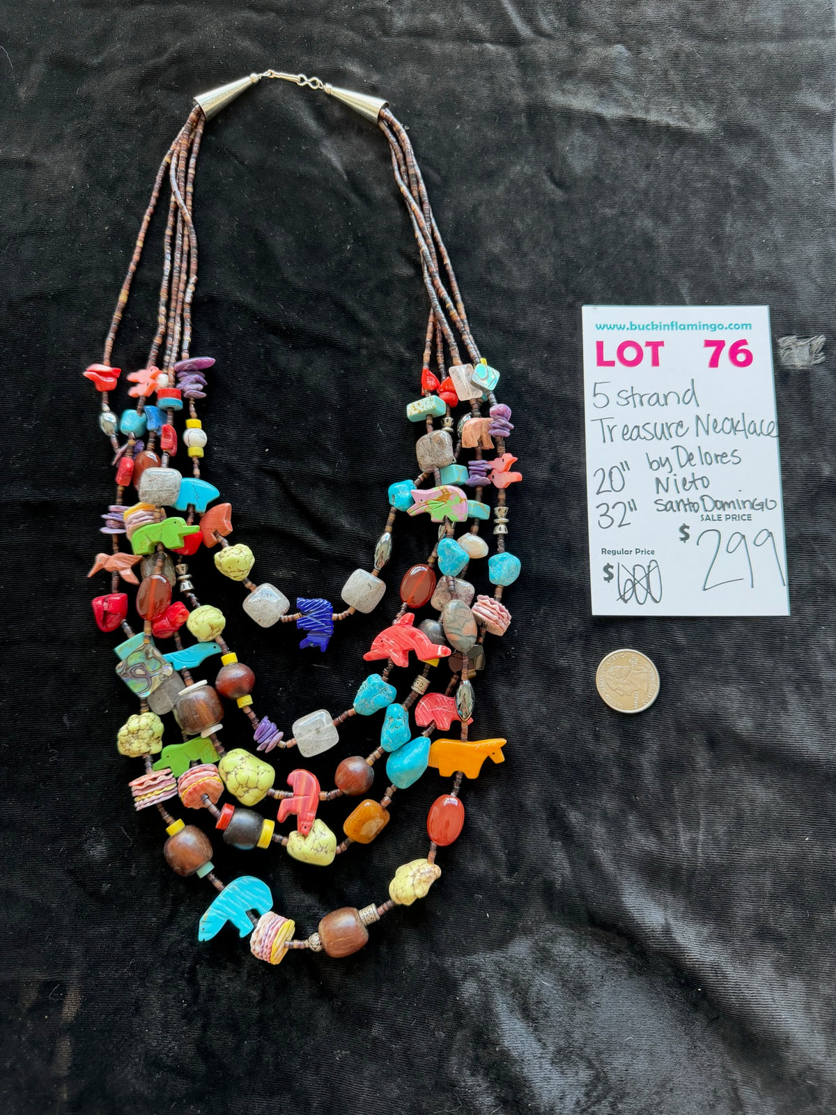 LOT 76 9/13 5 Strand Treasure Necklace by Delores Nieto, Santo Domingo 20”-32”