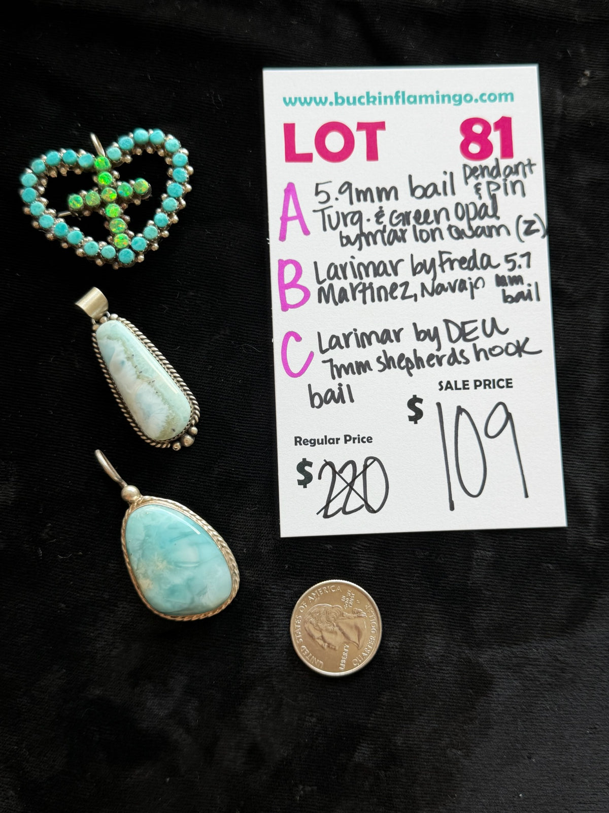 LOT 81 A 9/13 5.9mm Bail Pendant/Pin Turquoise & Green Opal by Marlon Quam, Zuni