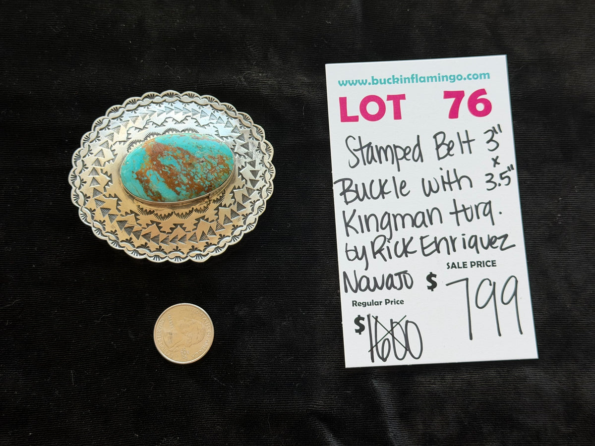 LOT 76 9/20 Stamped Belt 3” x 3.5” with Kingman Turquosie by Rick Enriquez, Navajo