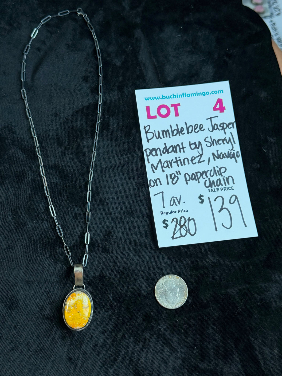 LOT 4 9/27 Bumblebee Jasper Pendant by Sheryl Martinez, Navajo on 18” Paperclip Chain