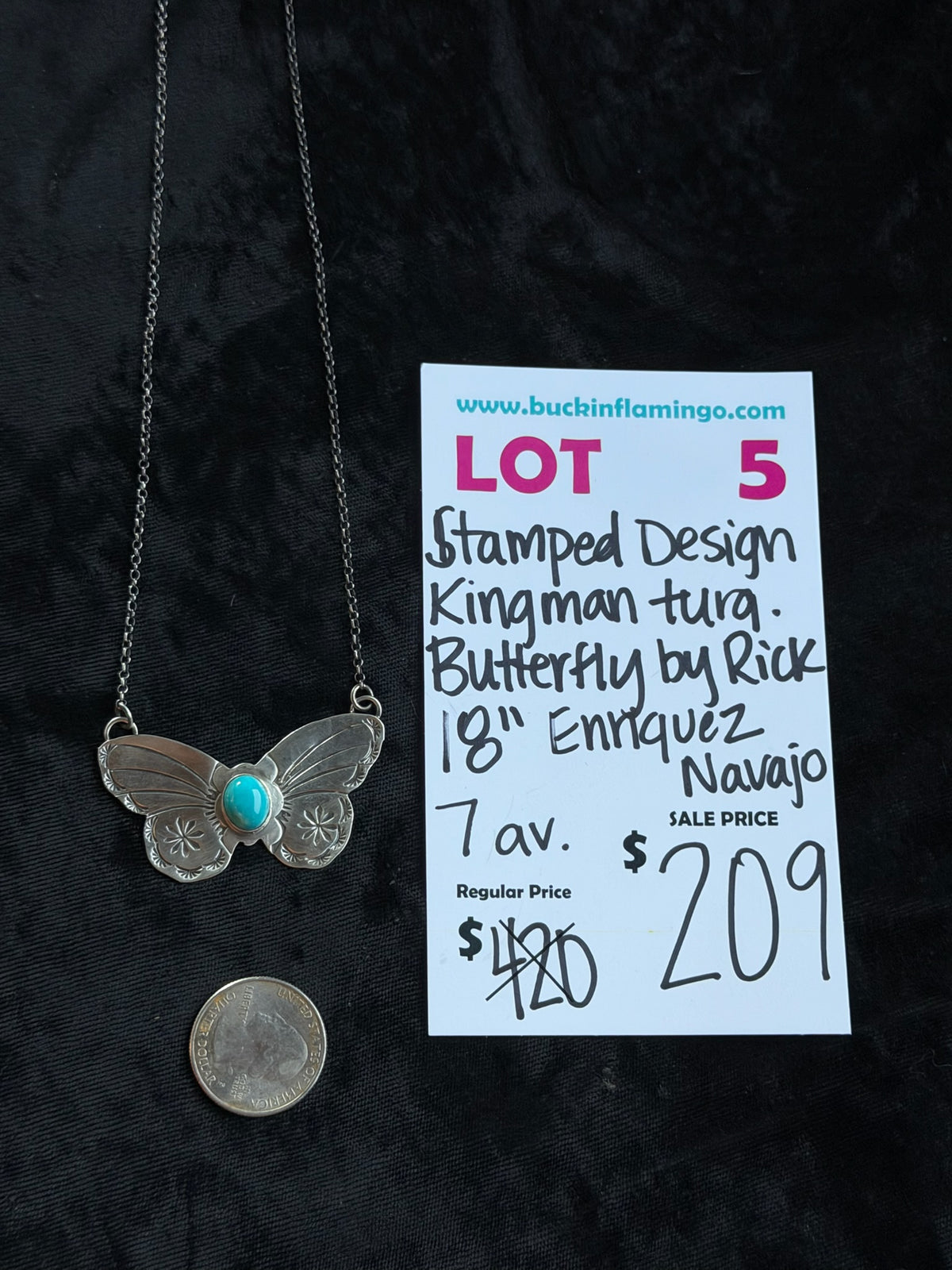 LOT 5 9/27 Stamped Design Kingman Turquoise Butterfly Necklace 18” by Rick Enriquez, Navajo