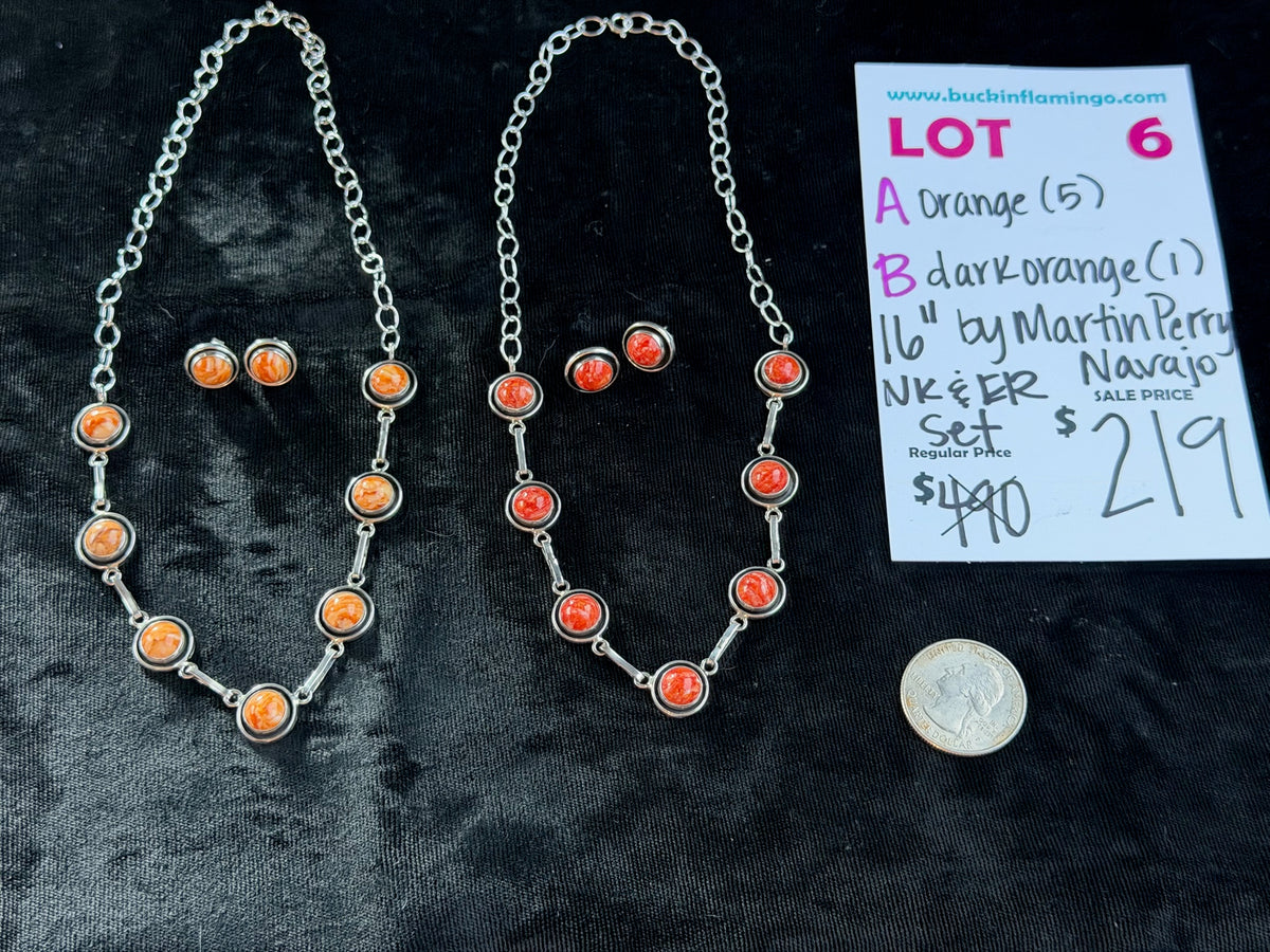 LOT 6 A 9/27 Orange 16” Necklace & Earring Set by Martin Perry, Navajo