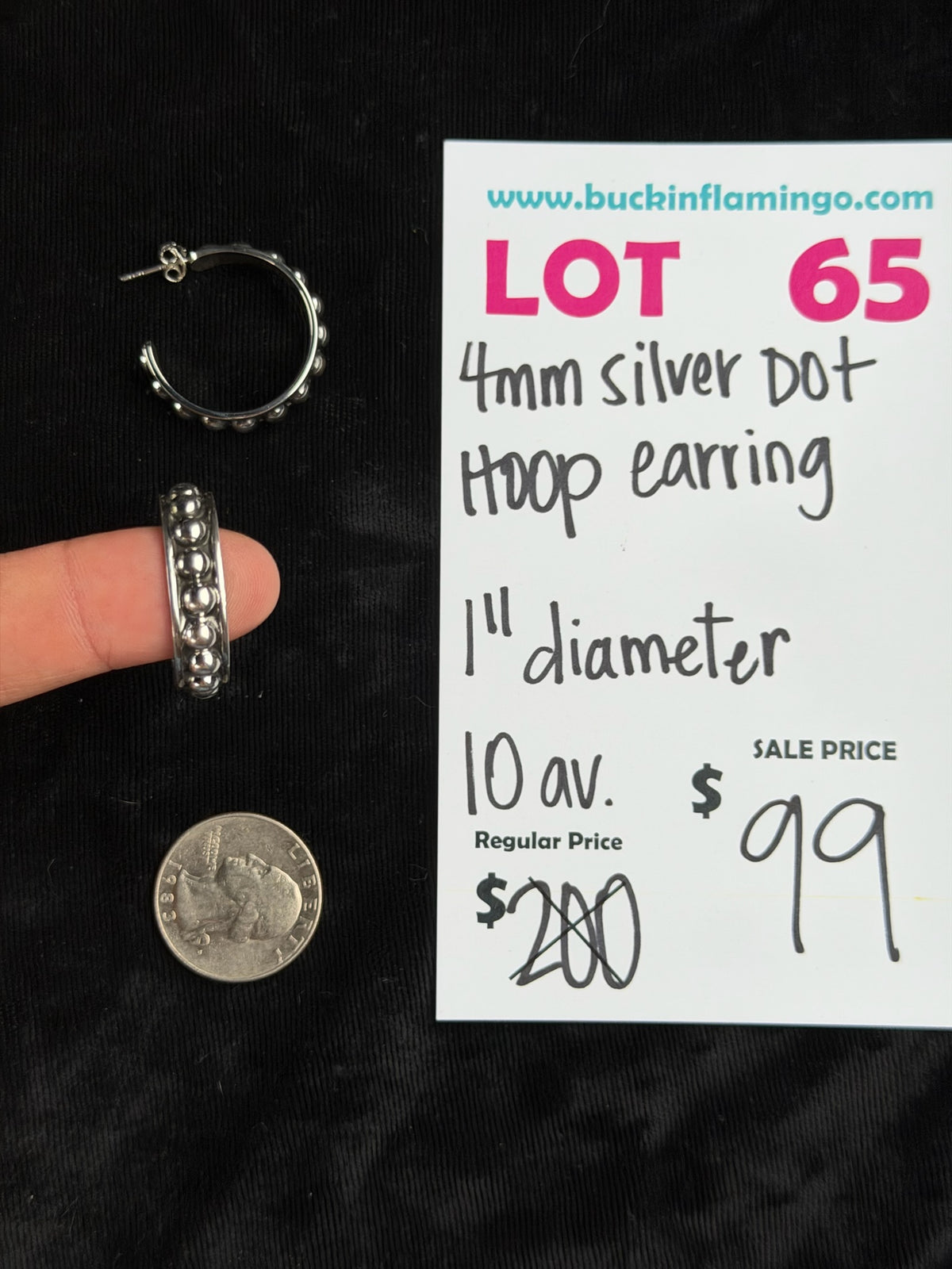 LOT 65 9/27 4mm Silver Dot Hoop Earring 1” Diameter