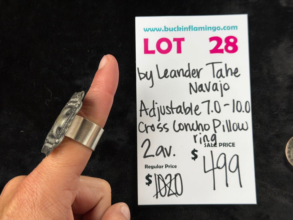 LOT 28 10/4 Adjustable 7.0-10.0 Cross Concho Pillow Ring by Leander Tahe, Navajo