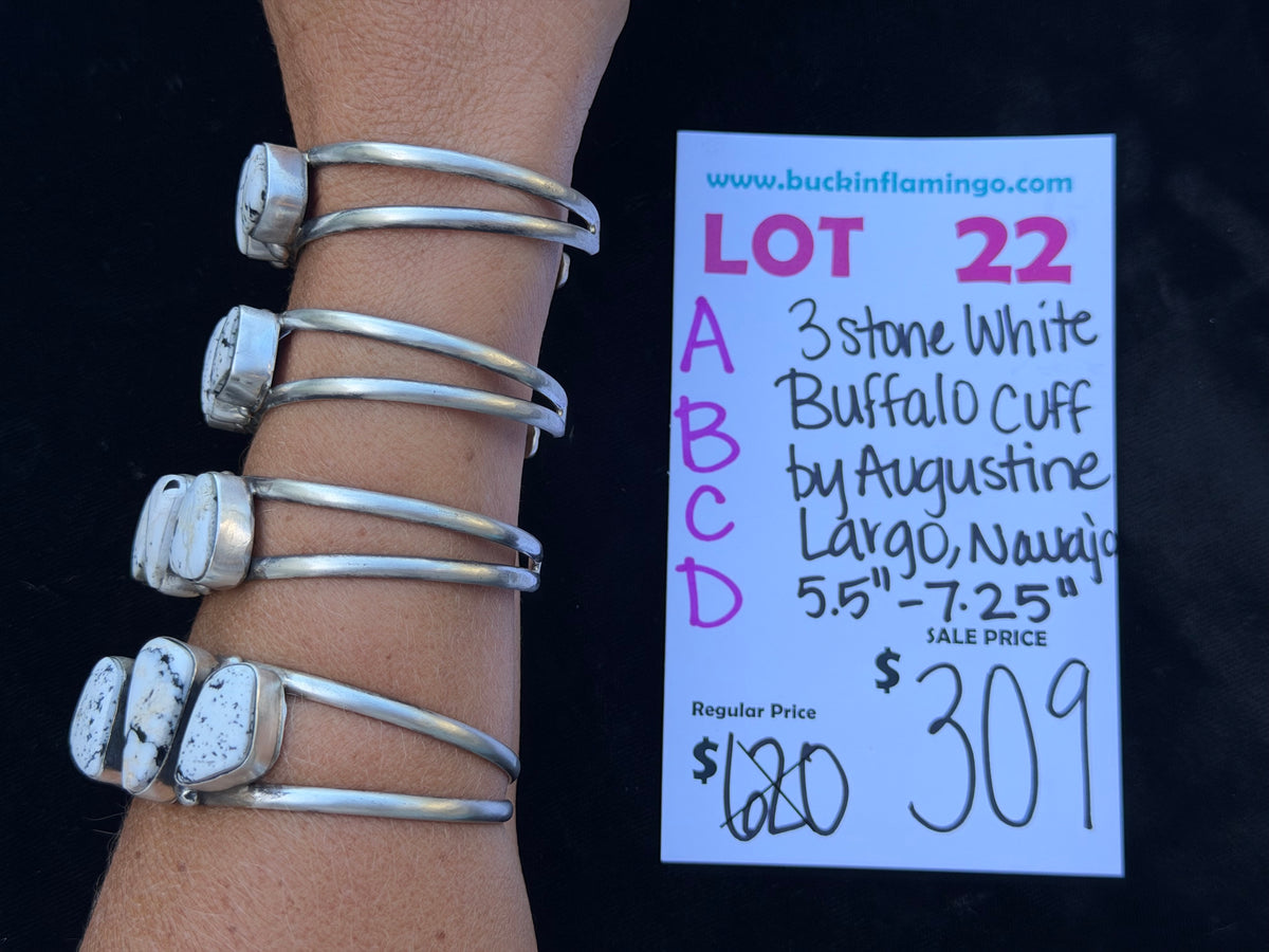 LOT 22 C 10/25 3 Stone White Buffalo Cuff by Augustine Largo, Navajo 5.5”-7.25”