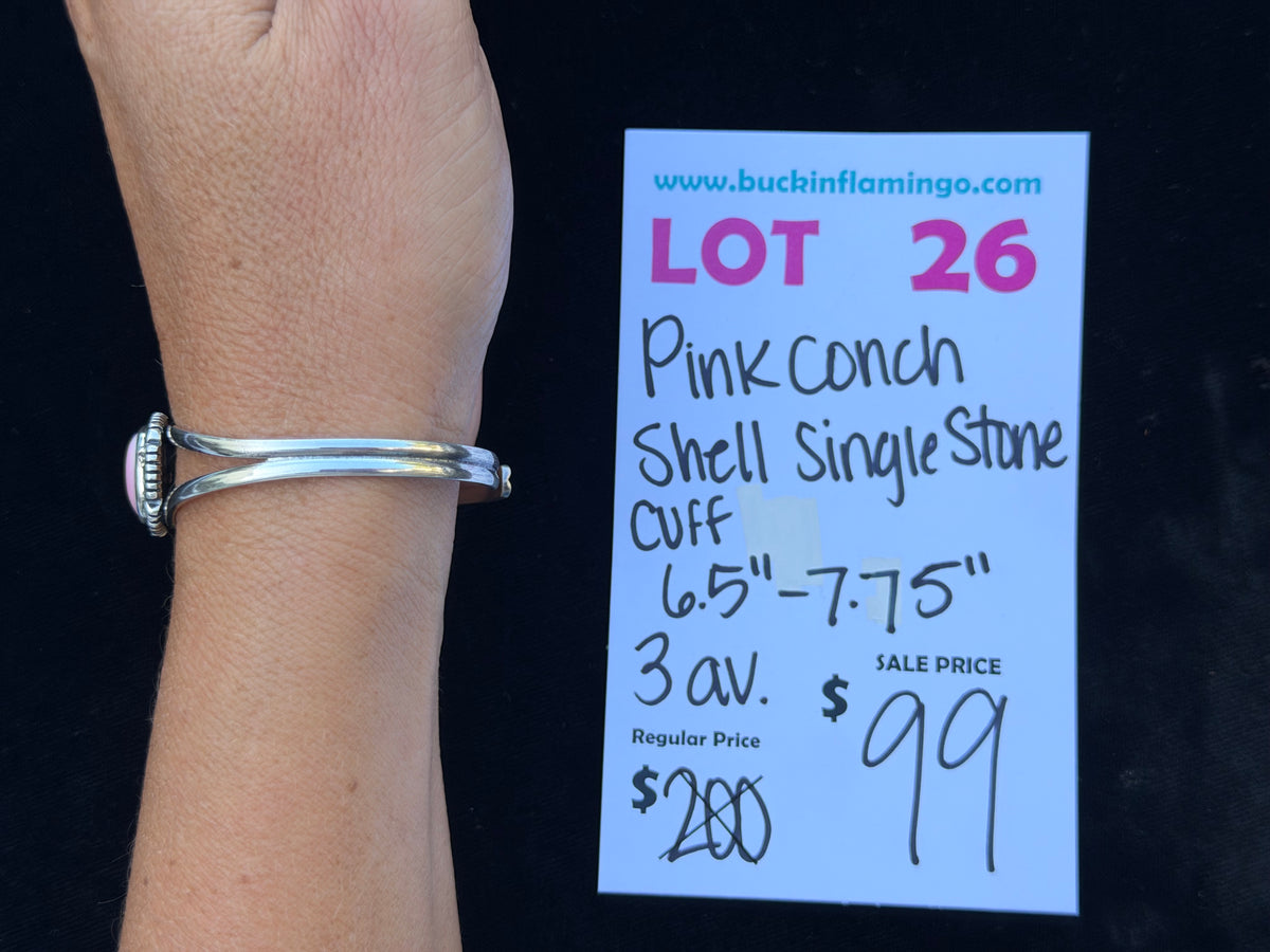 LOT 26 10/25 Pink Conch Shell Single Stone Cuff 6.5”-7.75”