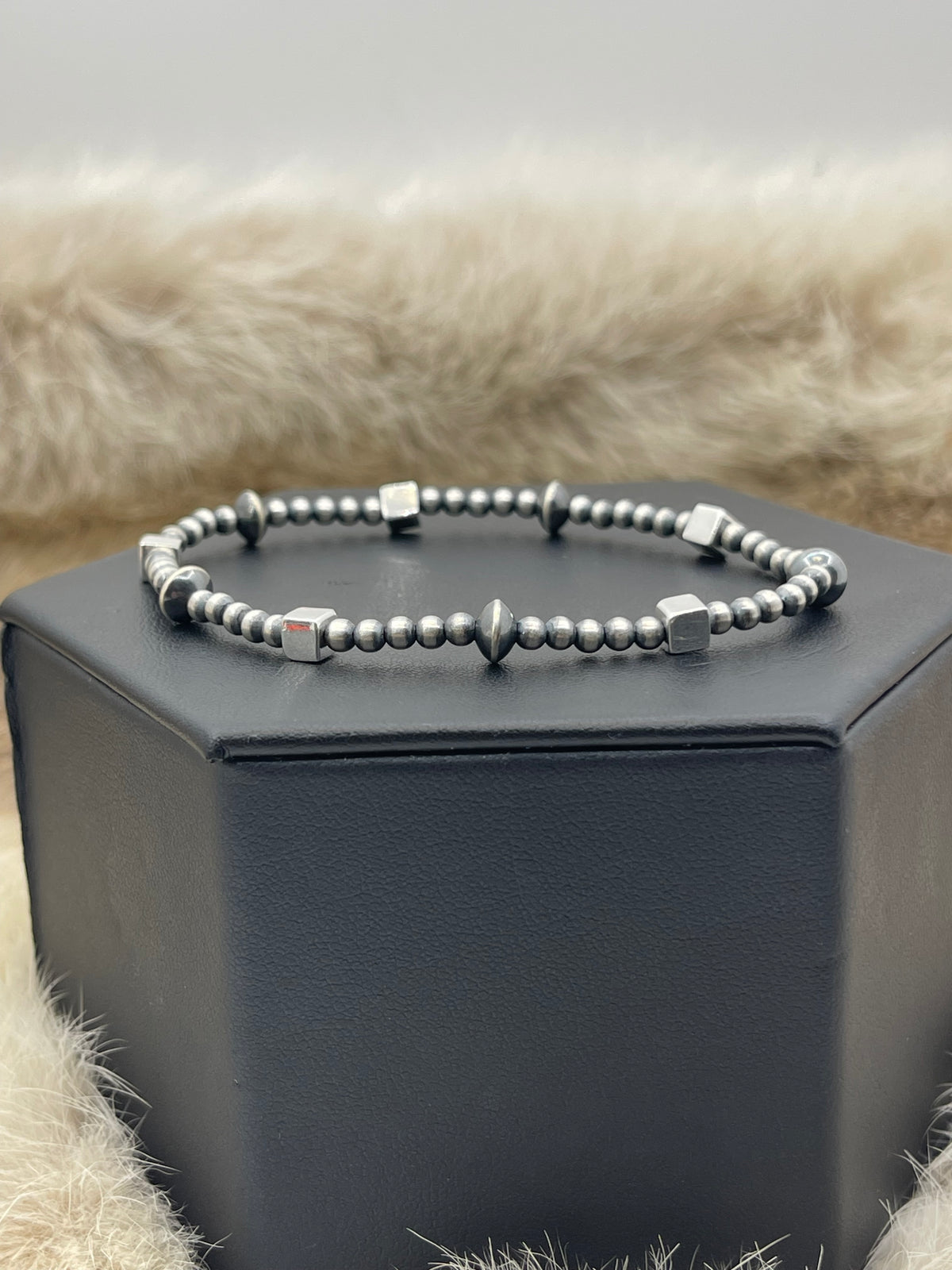 6.75” + Stretchy Navajo Style Pearls with Cube Beads Bracelet