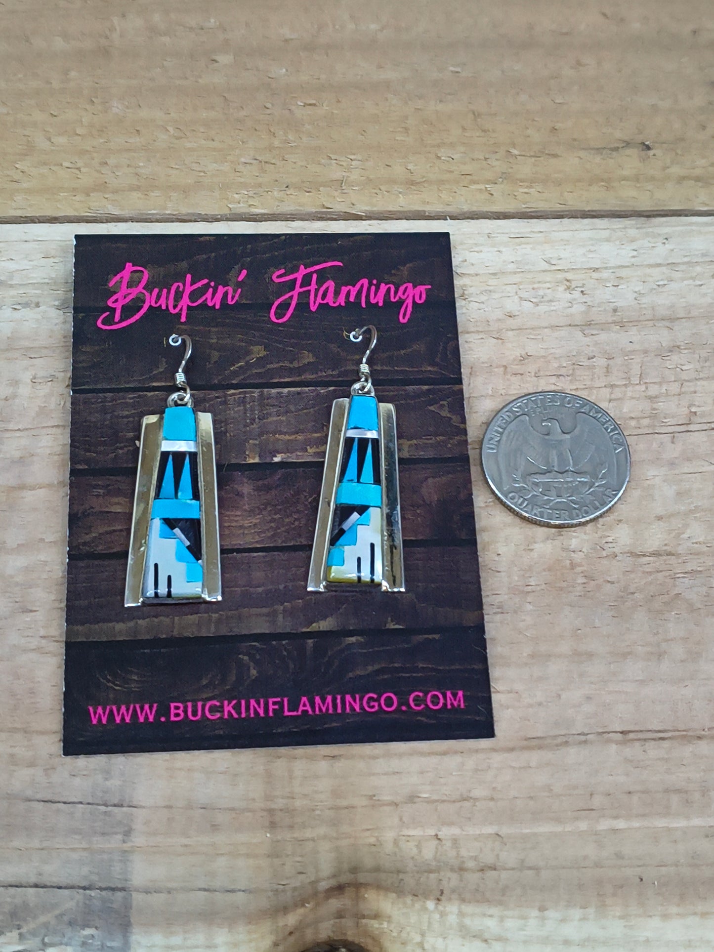 Inlaid Turquoise, Onyx, Mother of Pearl, and Red Coral Earrings by Patty Edaakie, Zuni