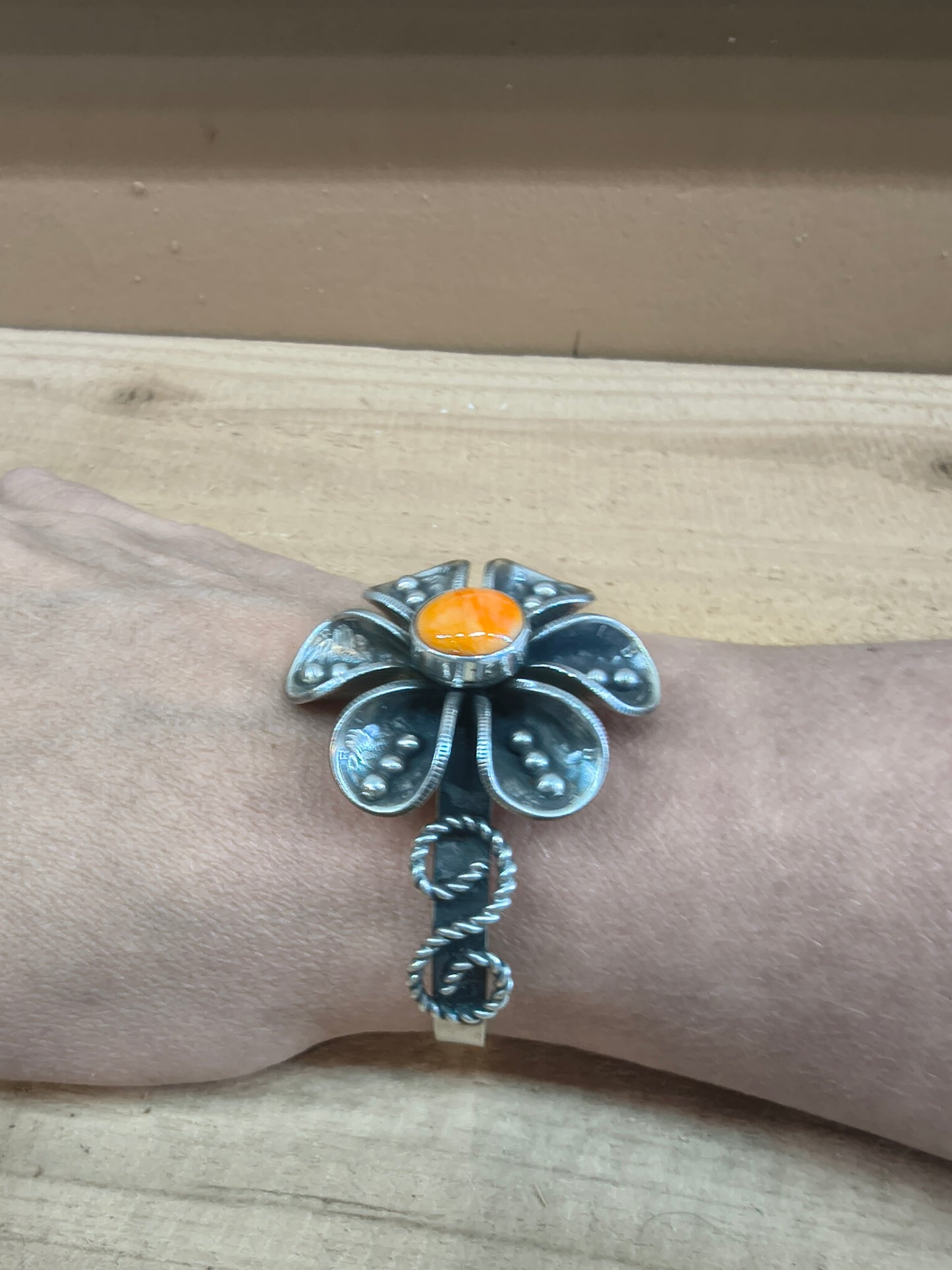 Orange Spiny Oyster Shell with Mercury Dime Flower Cuff Bracelet by James Begay, Jr., Navajo