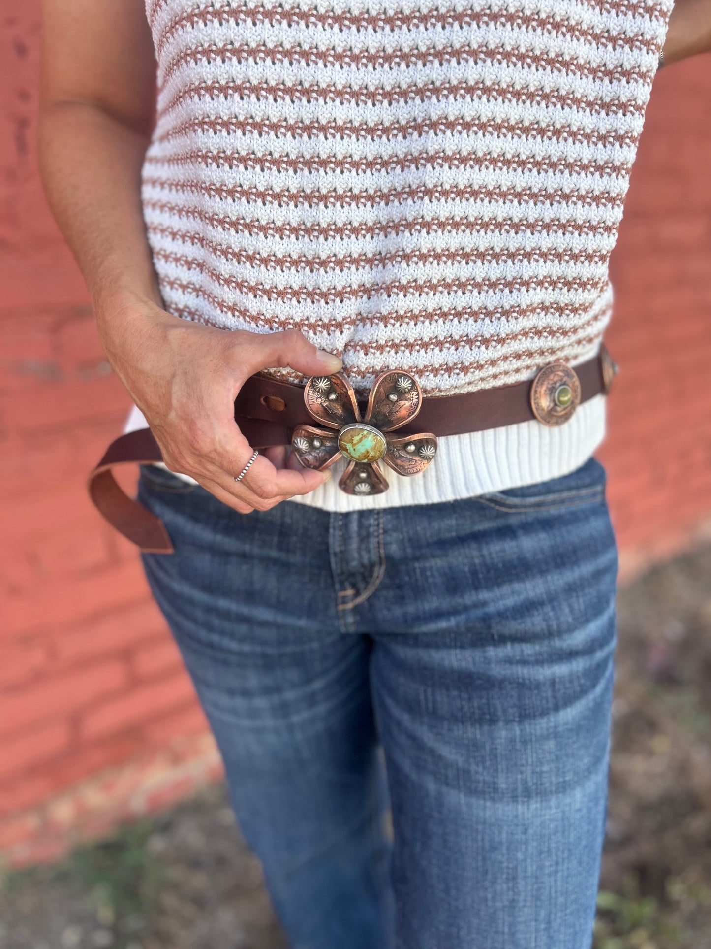 Copper 1 oz Coin on Leather Belt by James Begay, Jr., Navajo