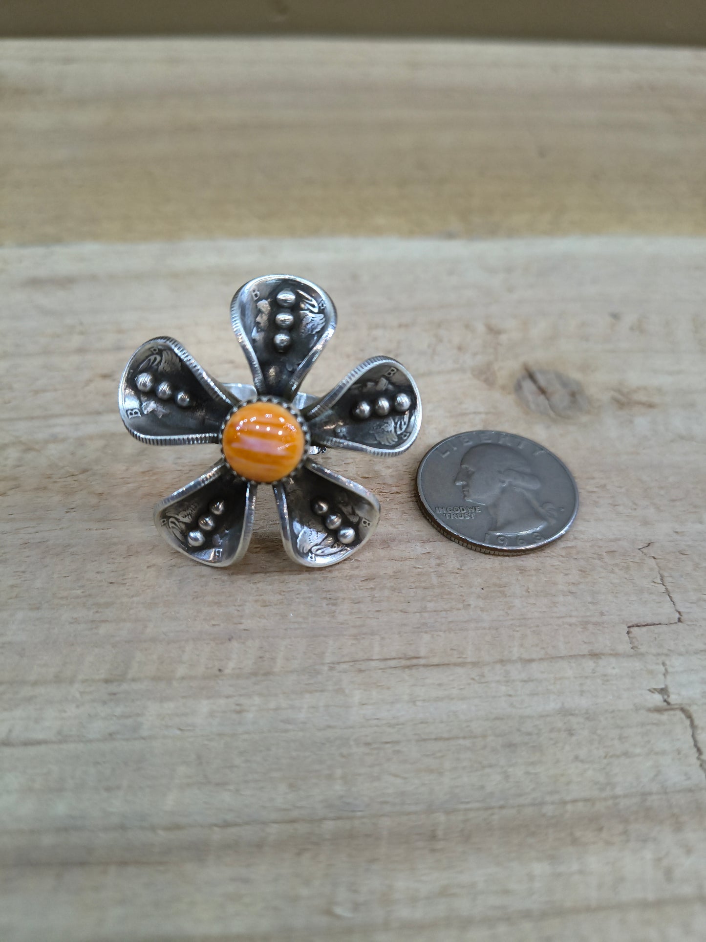 Spiny Oyster Mercury Dime Adjustable Ring by James Begay, Jr., Navajo