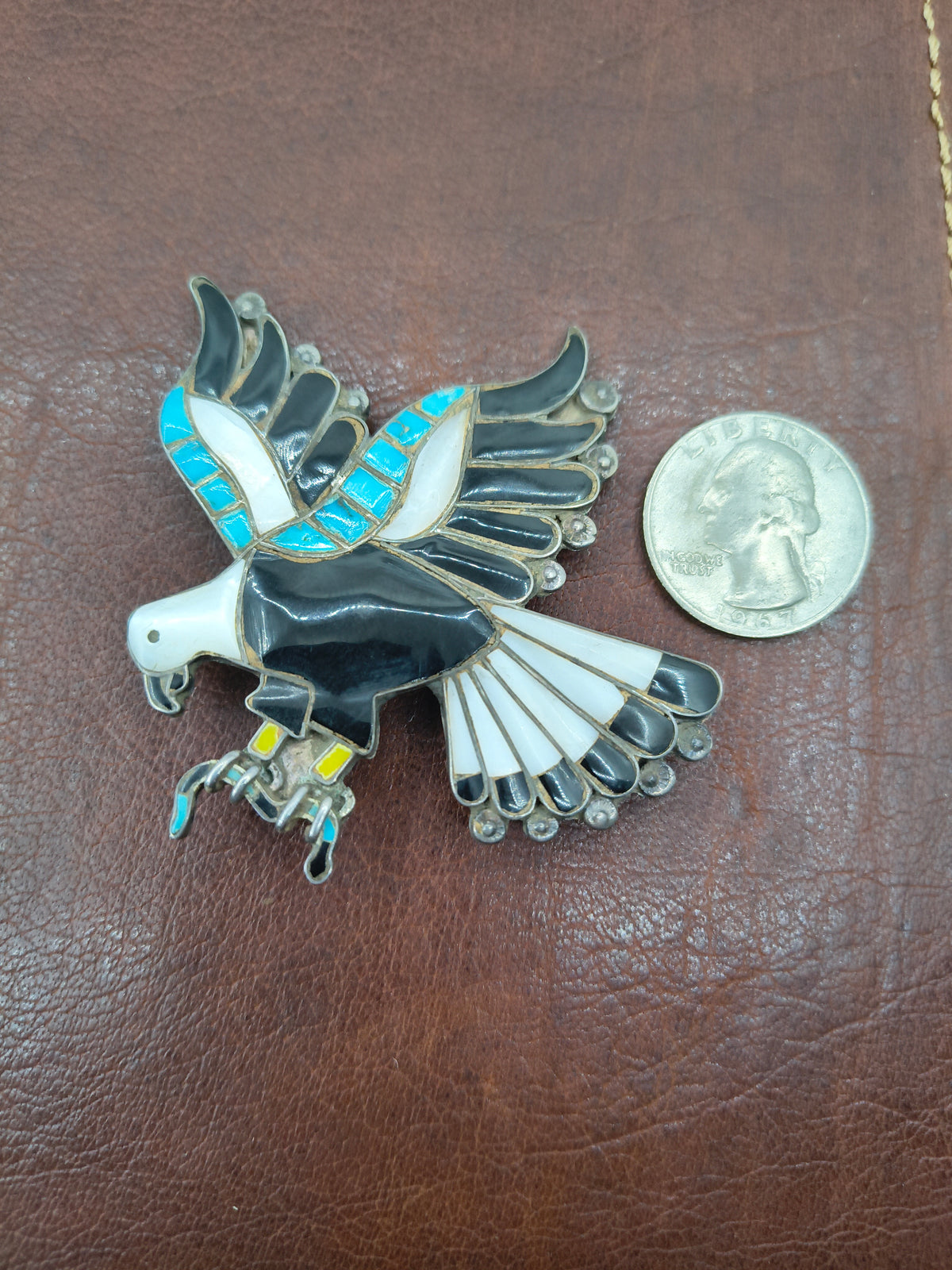 Vintage Inlaid Eagle Pin and Clip on Earrings