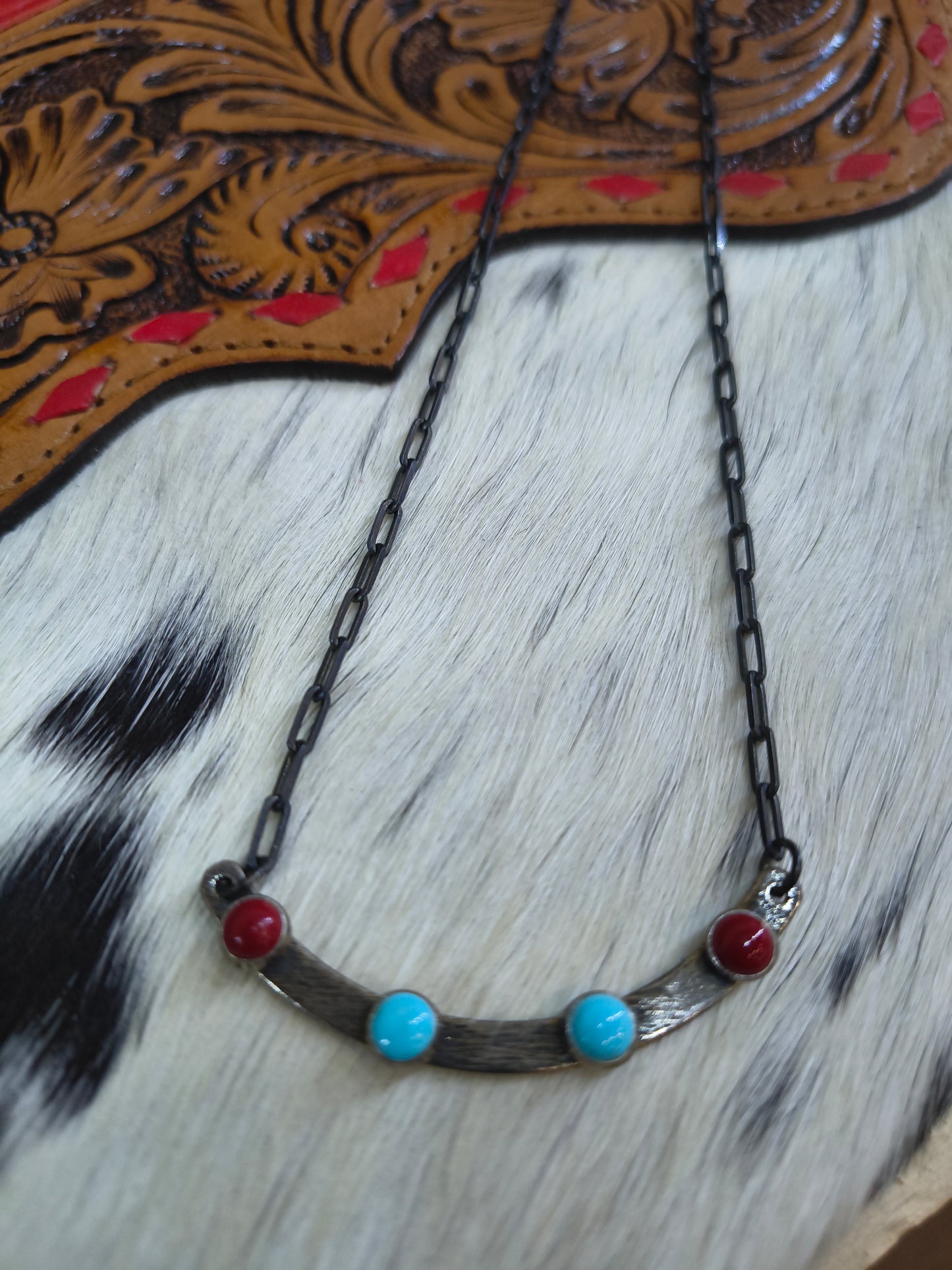 18" Dark Paperclip Curved Coral and Turquoise Necklace