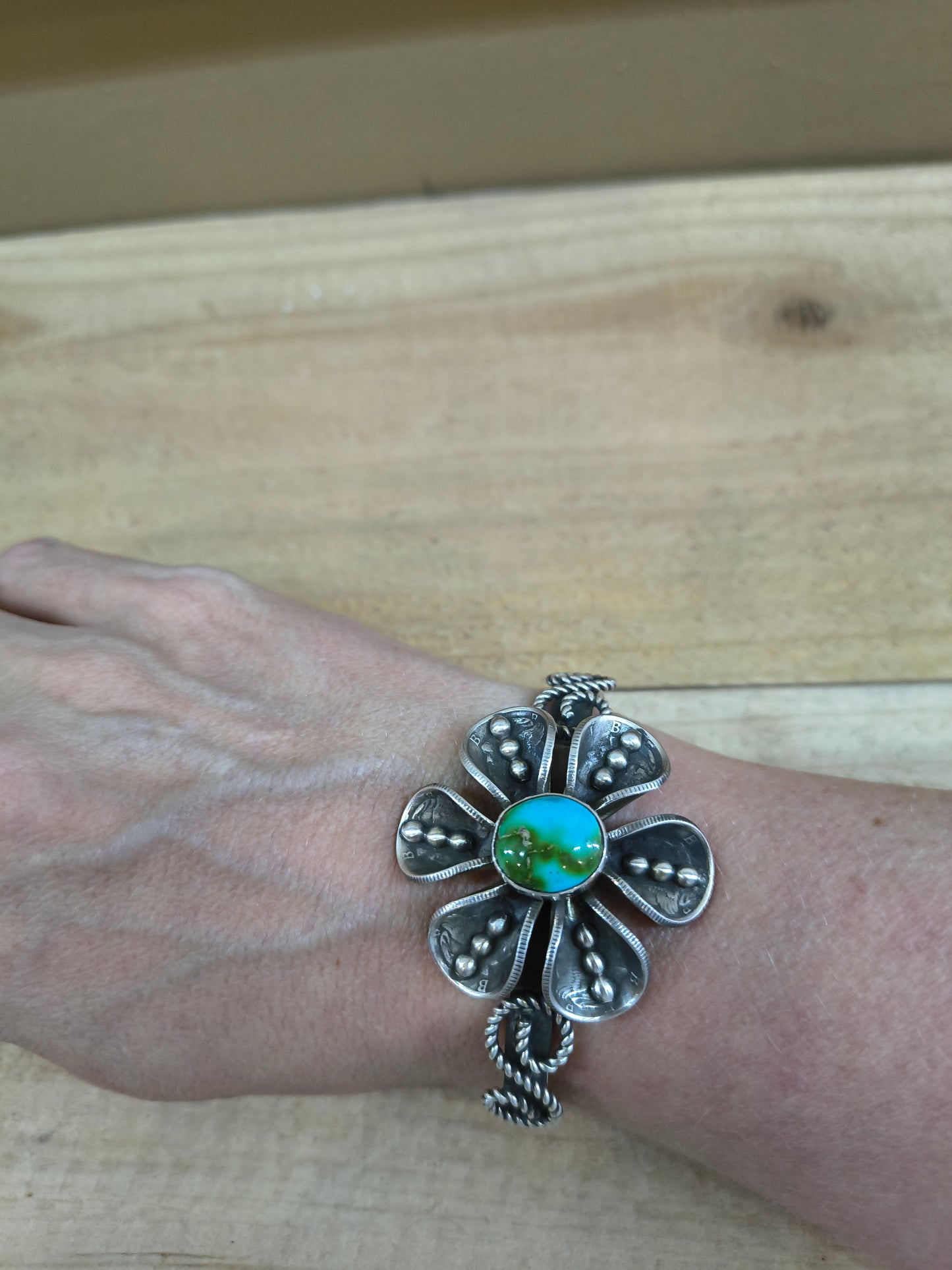 Sonoran Gold Turquoise with Mercury Dime Flower Cuff by James Begay, Jr., Navajo
